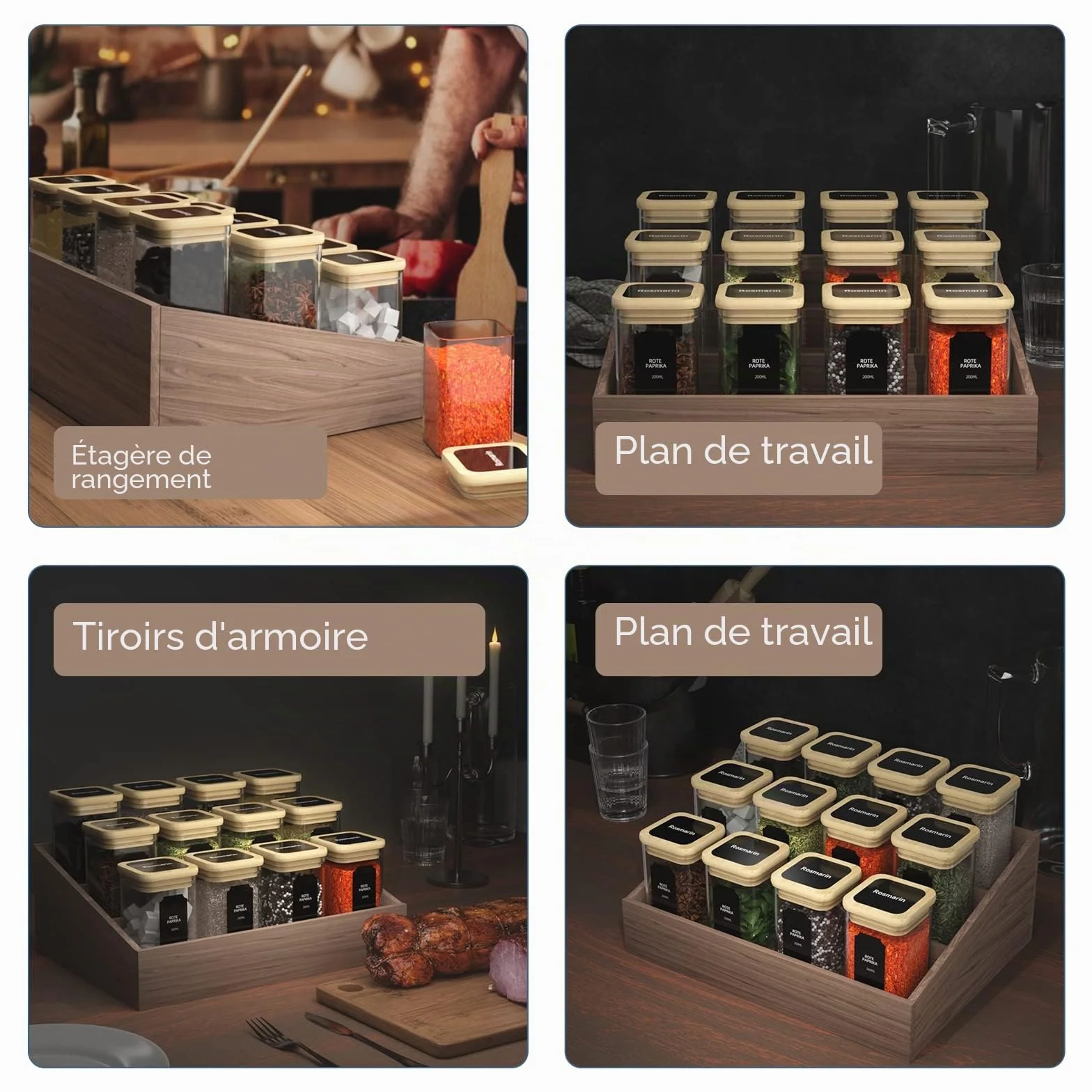 Set de pots à épices carrés 12x200ml, bocal verre avec couvercle bambou, bocaux hermétiques étiquettes marqueurs