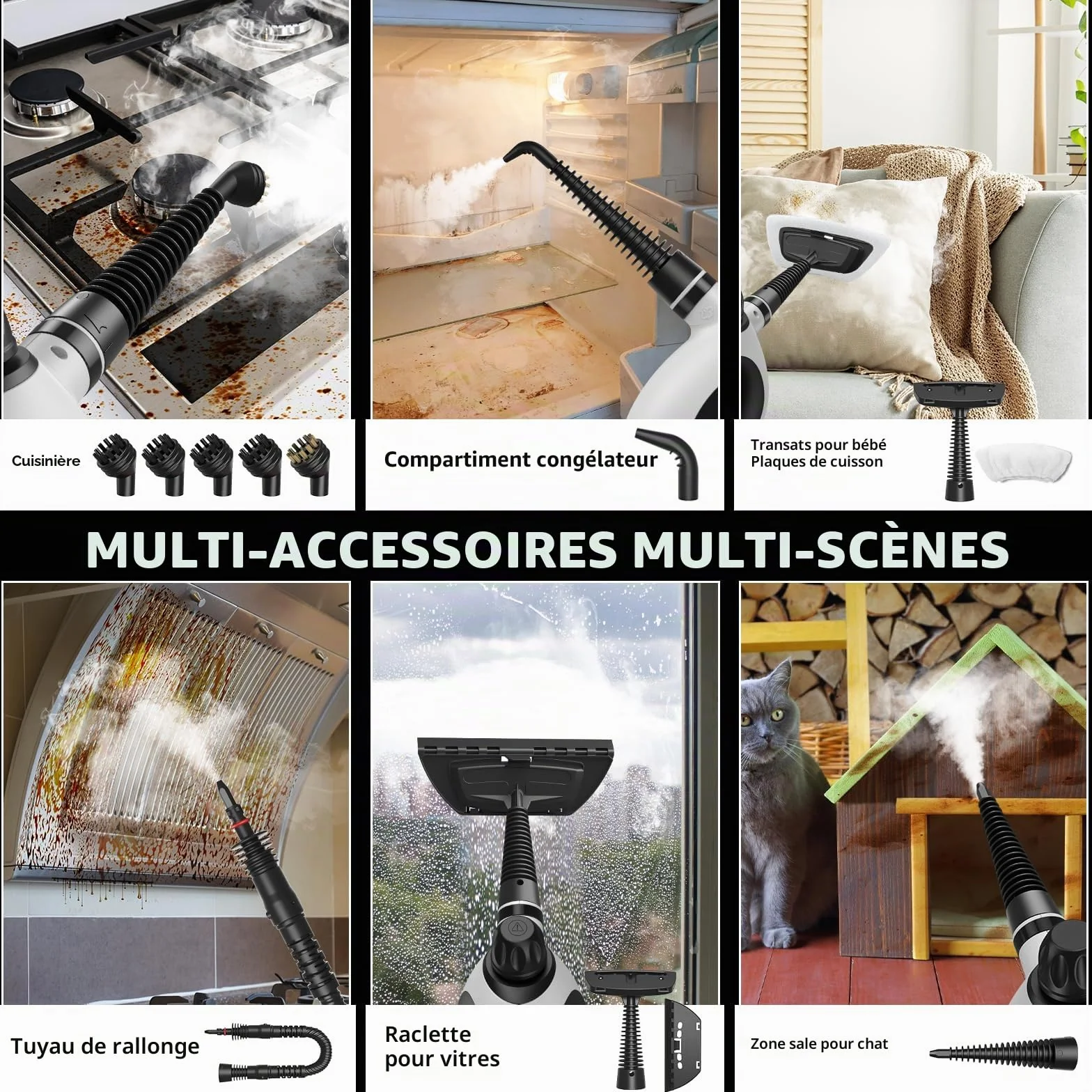 Nettoyeur Vapeur Portable avec Verrouillage de Sécurité et 14 Accessoires, Polyvalent pour Salle de Bain, Fenêtres, Cuisine (Noir&Blanc)