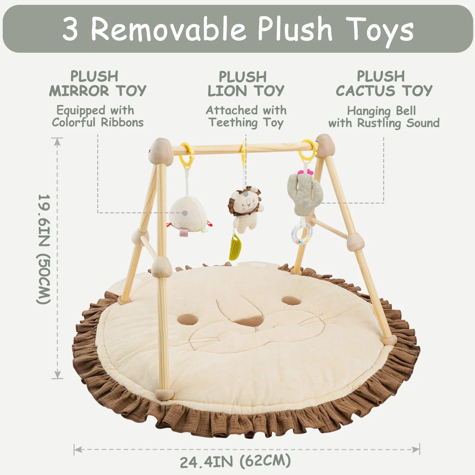 Tapis D'Eveil Bebe 4 en 1 Arche de Jeu en Bois Naturel 3 Peluches Amovibles Développement Visuel Auditif Tactile Cognitif 0-36 Mois Cadeau de Naissance