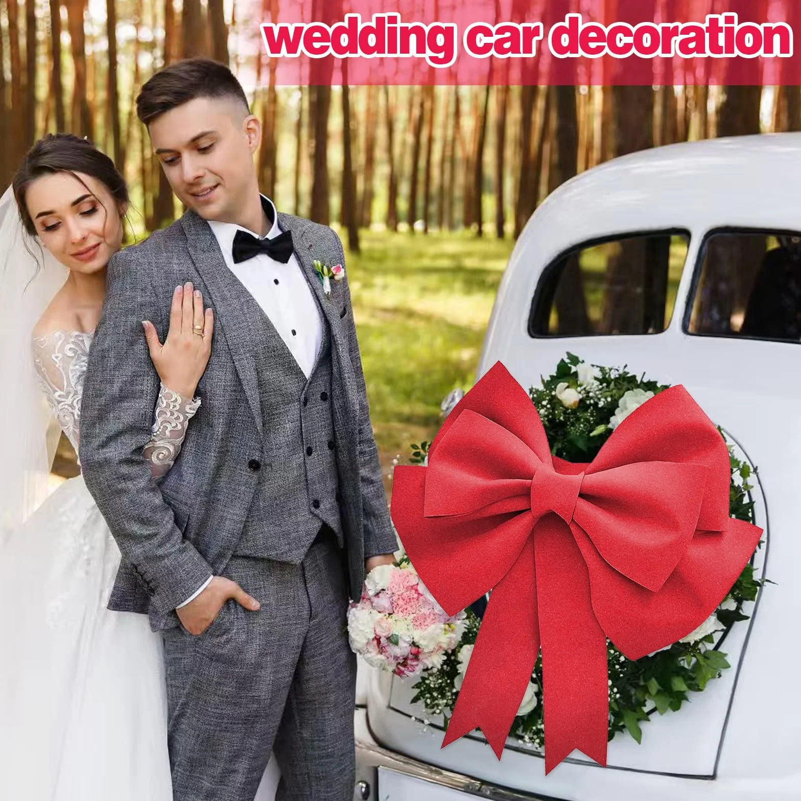 Gros Noeud Cadeau Voiture Rouge EVA 50x60cm avec Ruban Adhésif Attaches Décoration Noël Mariage