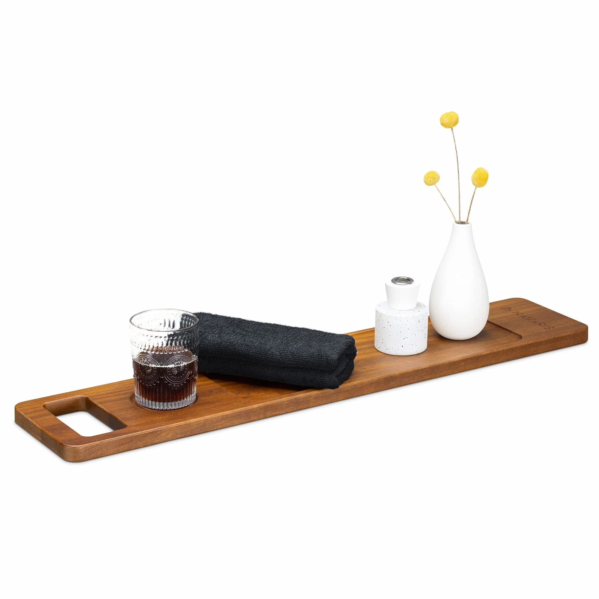 Navaris Pont de Baignoire en Bois Plateau de Bain 74,9 x 15,2 x 2 cm avec Support Tablette Livre téléphone Verre