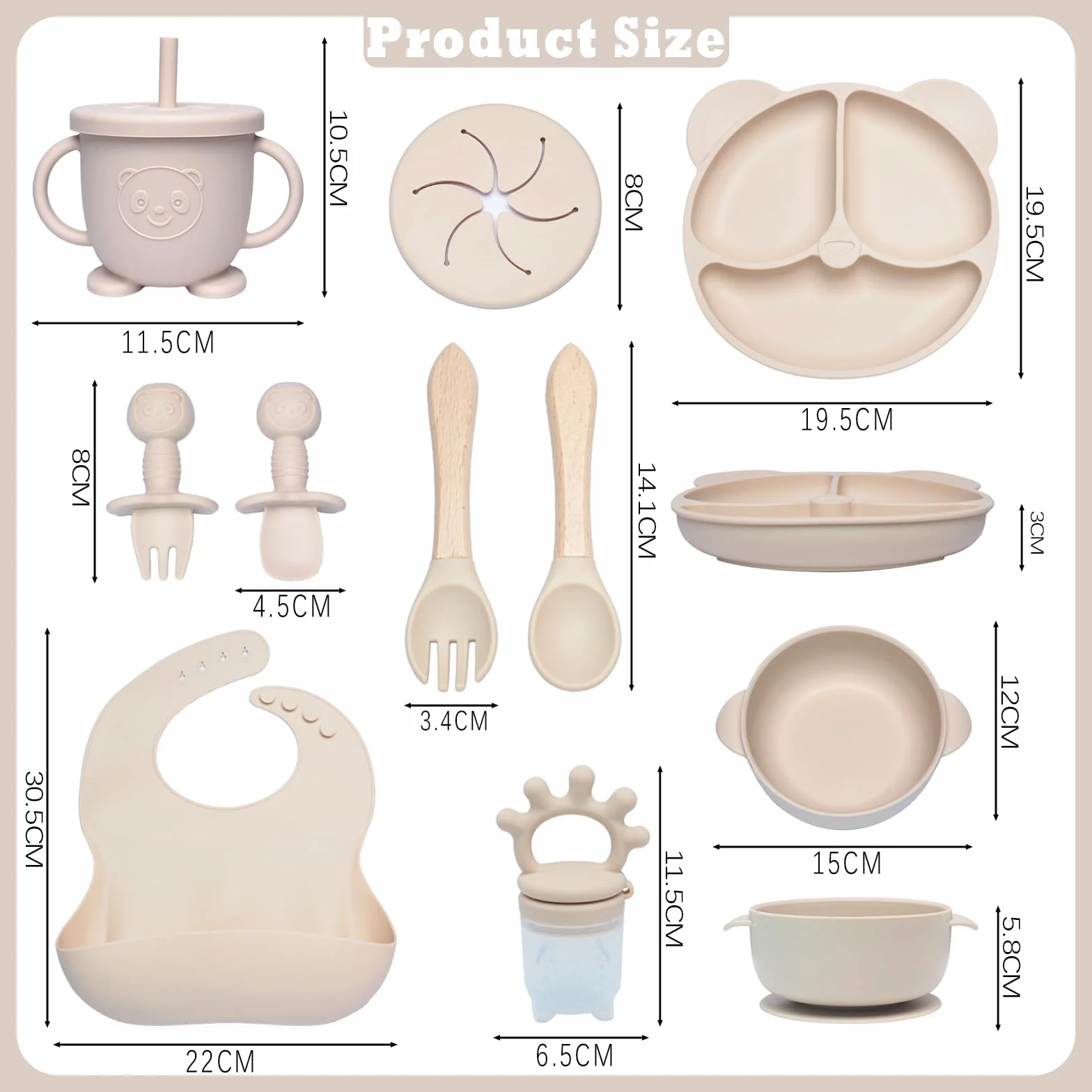 Coffret Repas Bebe Silicone Set Vaisselle Assiette Ventouse Bavoir Couverts Enfant Sevrage Manger Beige