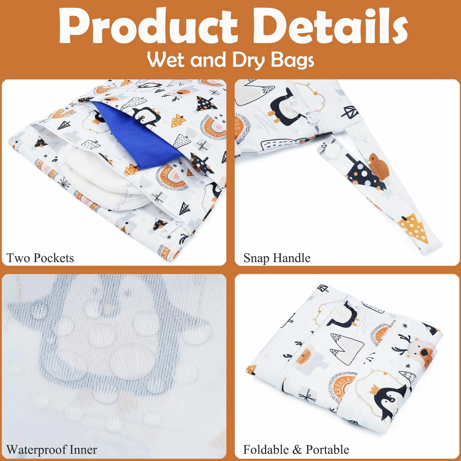 Sac à Couches Lavable 2 Pcs Wetbag Réutilisable Etanche Organisateur Double Fermeture Eclair Sac à Langer Bébé Voyage Plage Pingouin Blanc