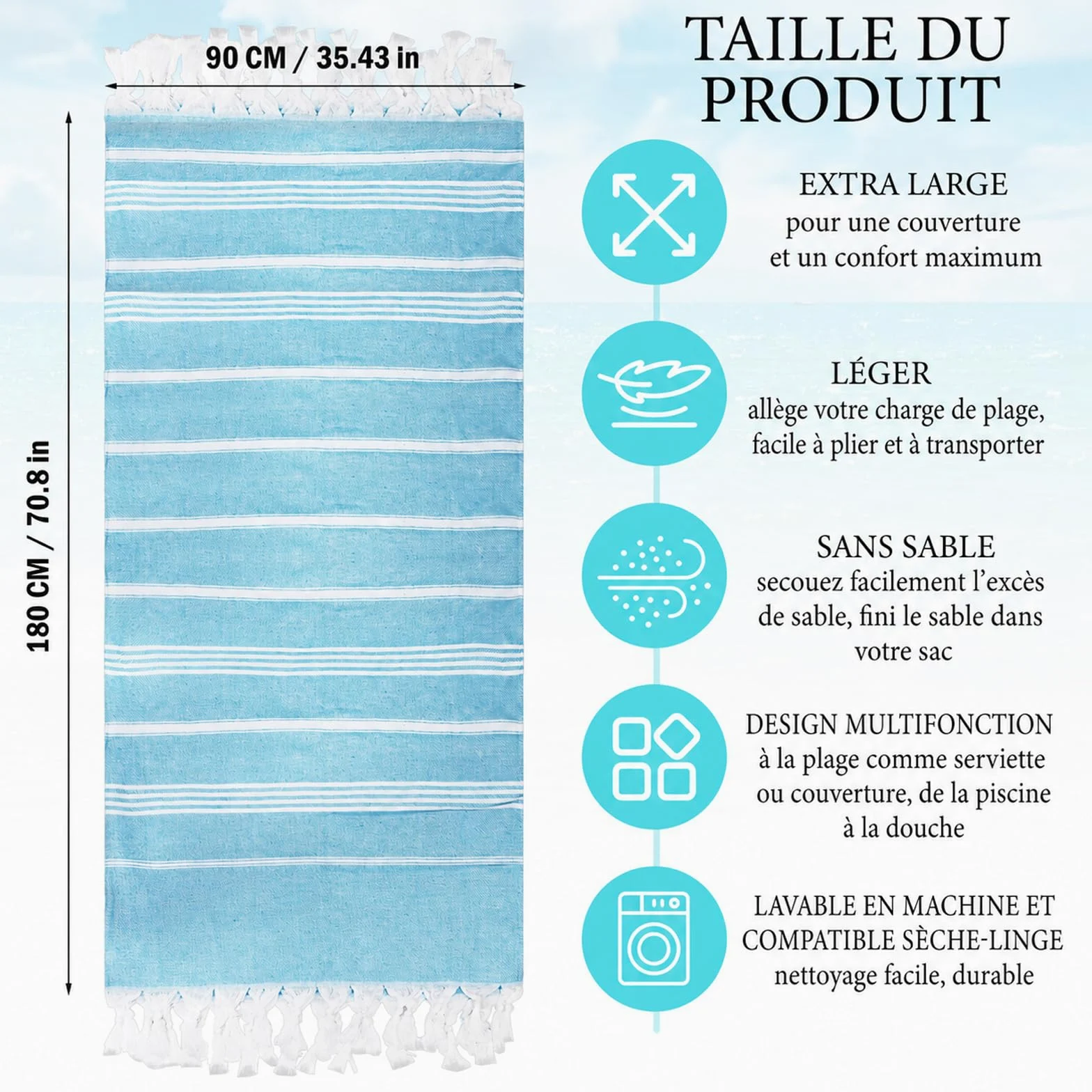Lot de 6 Serviettes de Plage Fouta en Coton, 90 x 180 cm, avec Franges | Draps de Bain Légers à Séchage Rapide pour Vacances, Piscine, Camping, Spa, Hammam et Salle de Bain