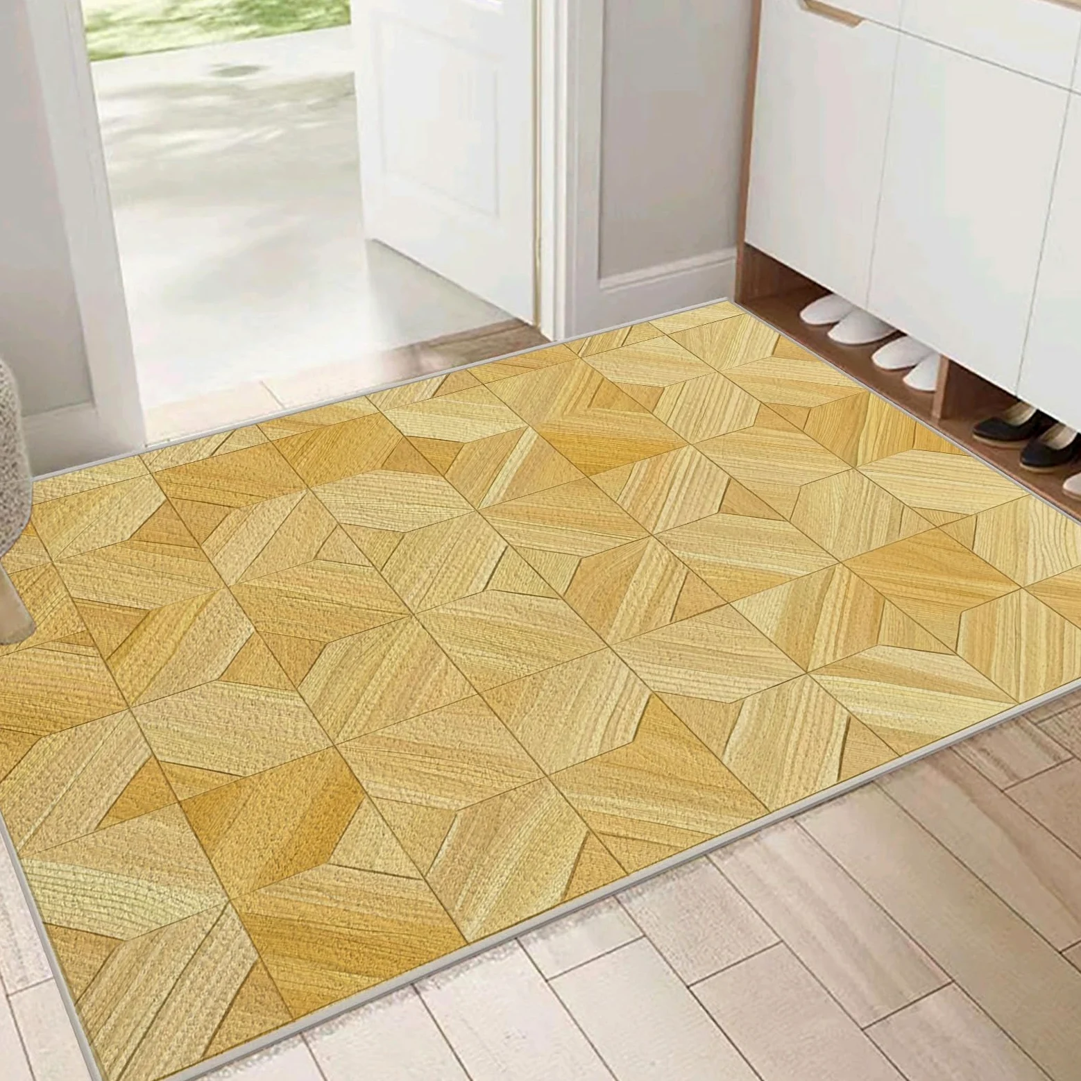 Tapis Lavable Parquet, Antidérapant Géométrie Patchwork Rétro, Résistant Aux Taches pour Intérieur, Décoration pour Salon, Chambre À Coucher, Bureau - Jaune Clair - 80X150Cm