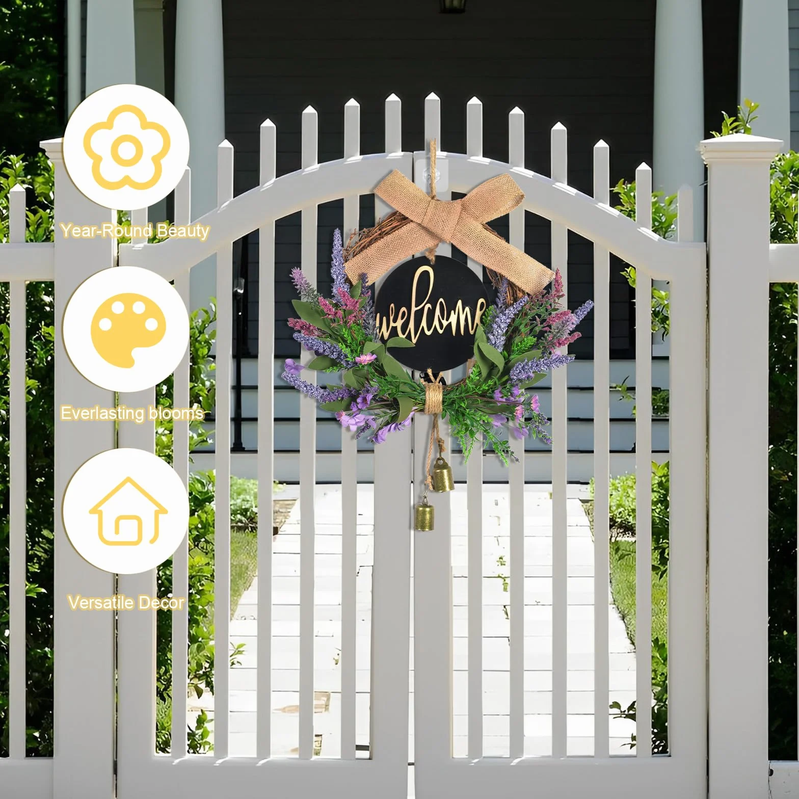 Couronne de Porte Printemps Lavande Artificielle 40cm avec Panneau Welcome, Arcs et Cloches