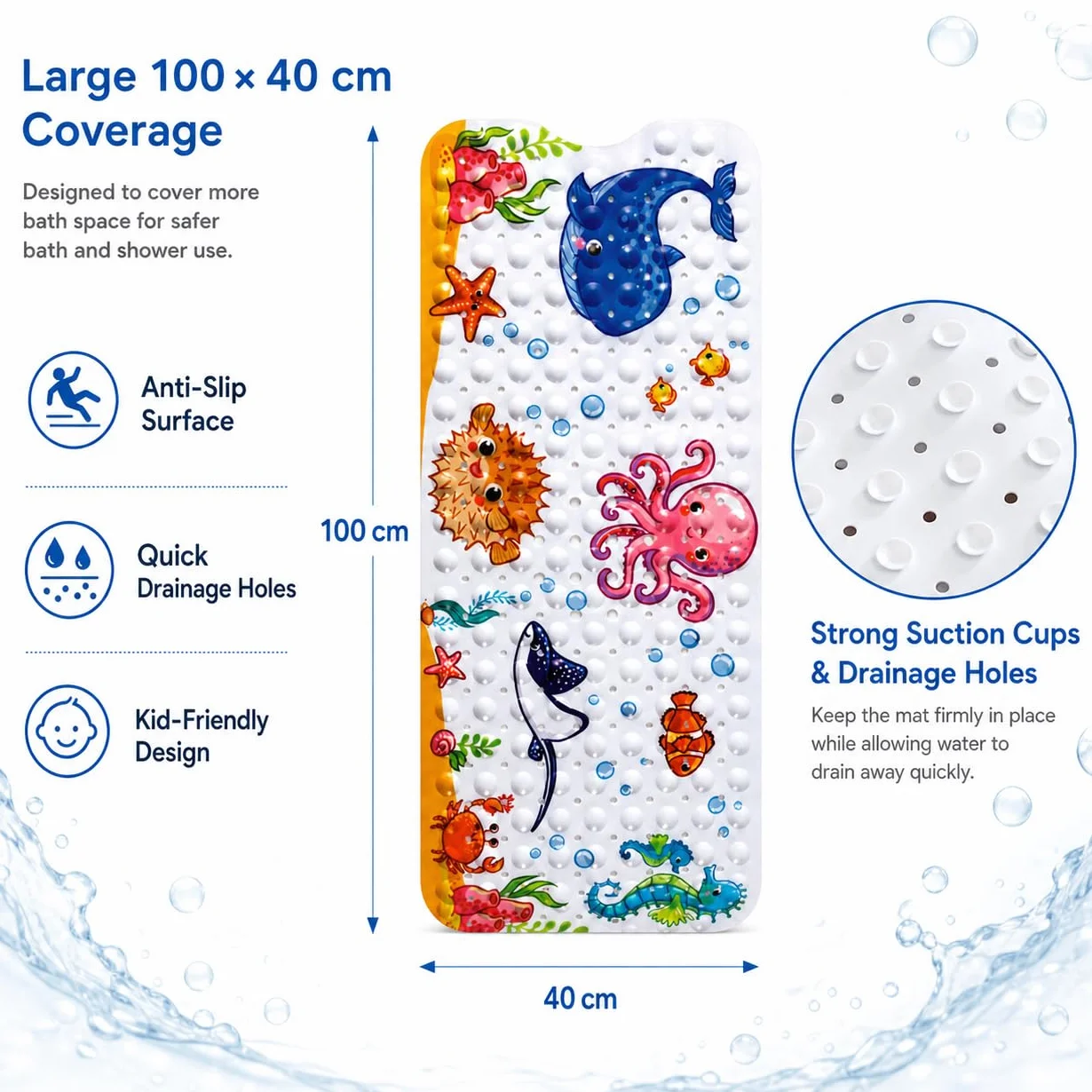 Tapis de Bain Antidérapant Bébé 100x40 cm Ventouses Motif Pieuvre Rose