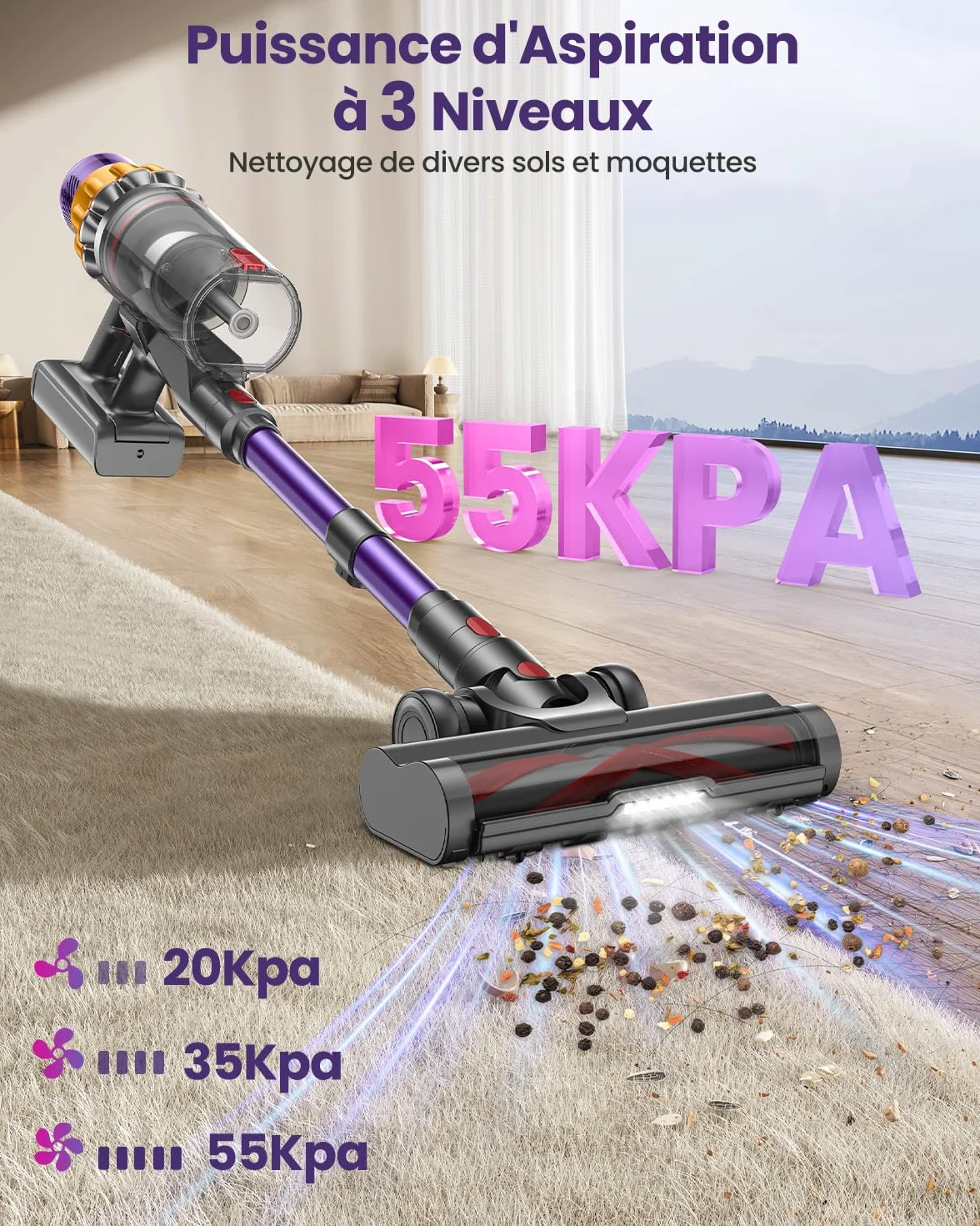 Aspirateur Balai Sans Fil 150Min 55KPA 600W 2 Batteries Brosse Anti-Enchevêtrement Support Mural Rechargeable Écran LED pour Poils d'Animaux Tapis Sols Durs