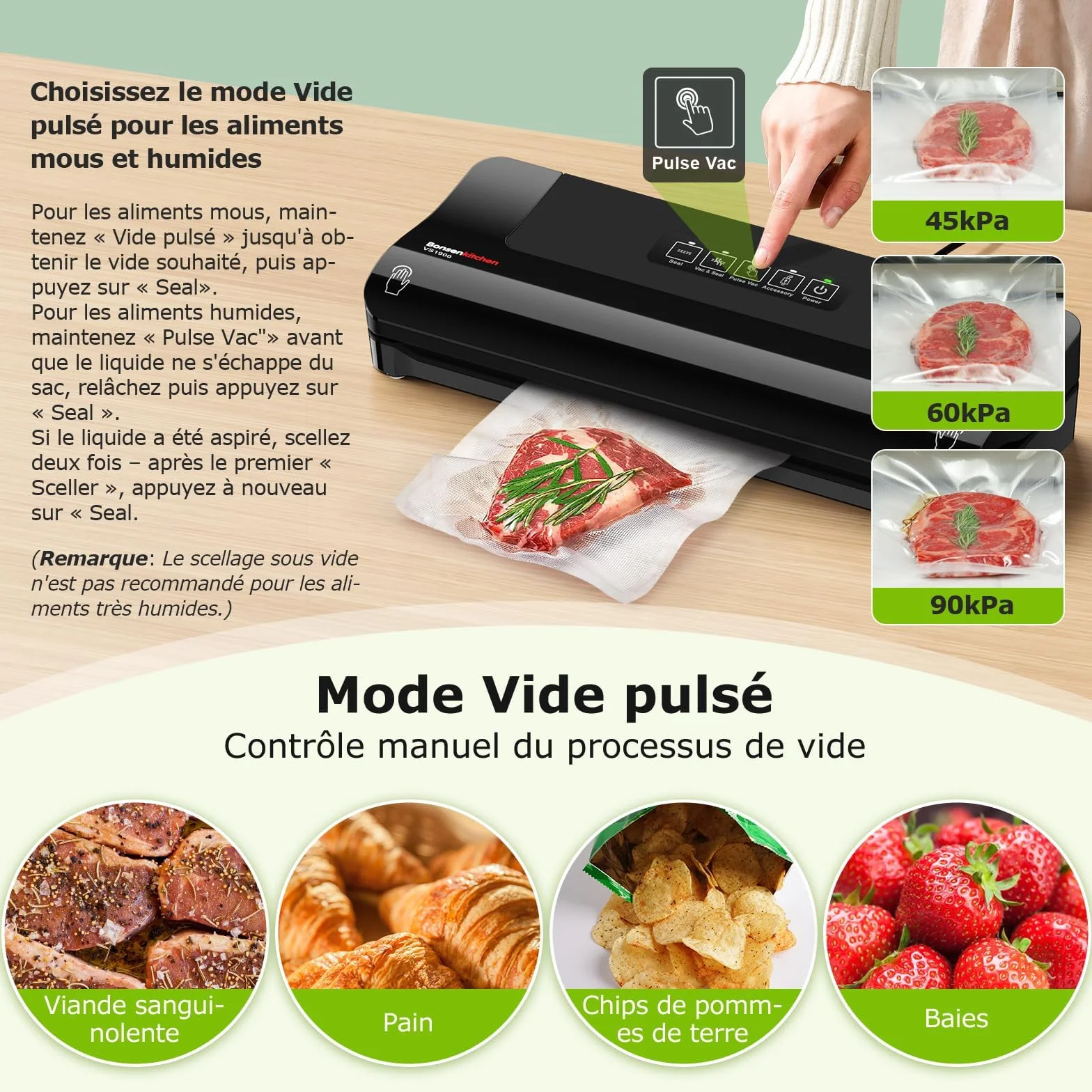 Machine sous vide alimentaire Bonsenkitchen compacte multifonction 4 modes 5 sacs tuyau aspiration