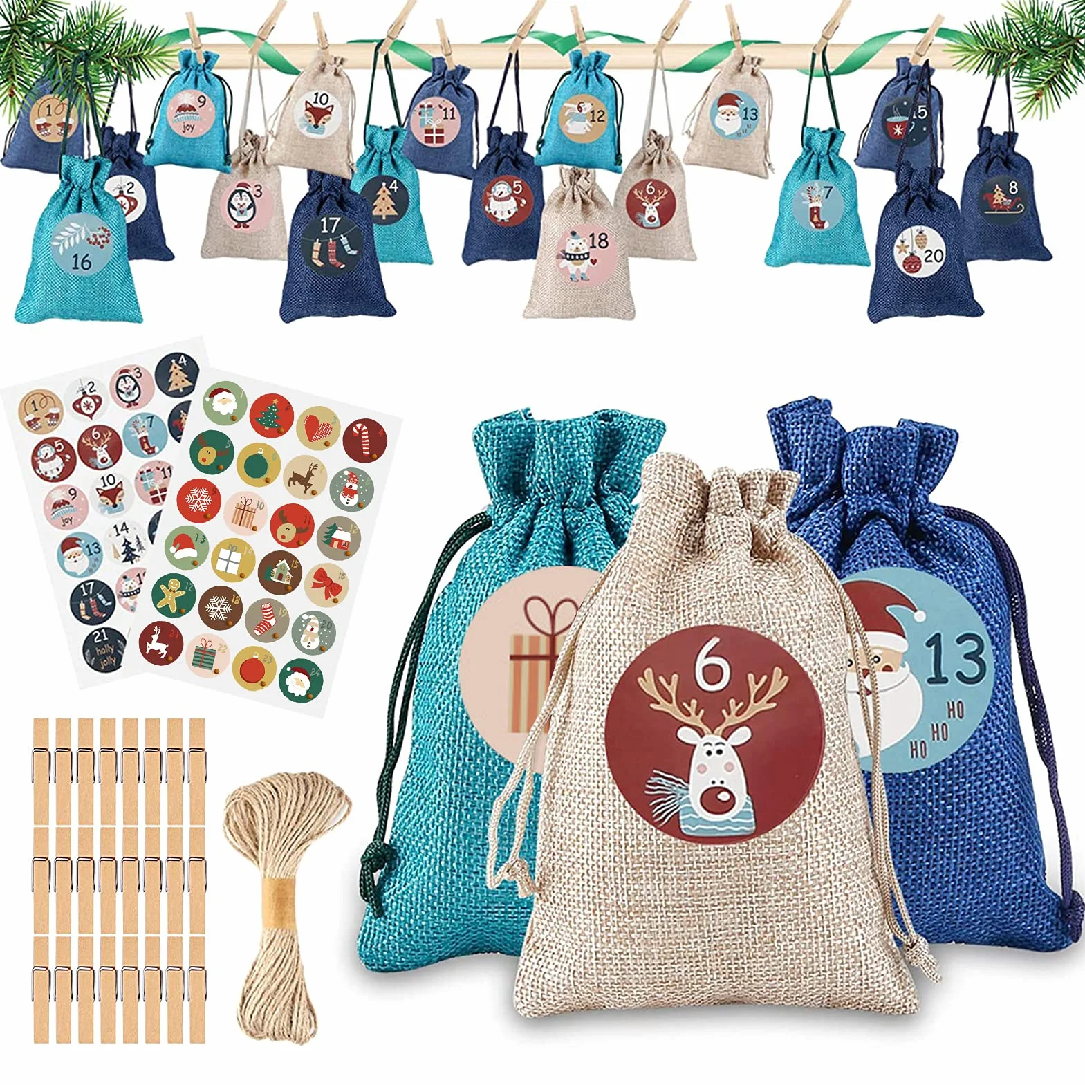 Calendriers de l'Avent à remplir 24 sacs en tissu, pinces en bois, corde de chanvre Lin/Vert/Bleu