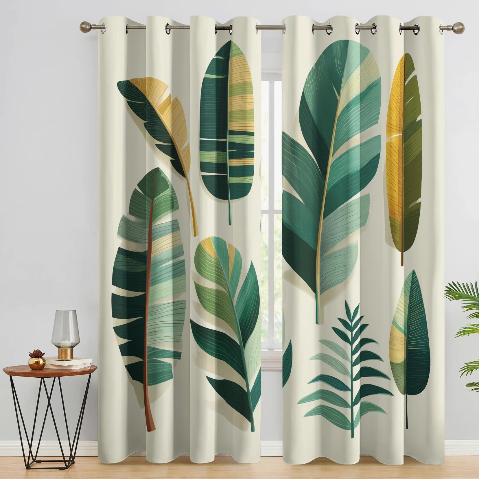 Rideau Occultant Feuille De Bananier, Feuilles Tropicales Motif Rideaux Thermiques à Oeillets, Rideaux Imprimé pour Salon Chambre Fenetre Moderne Décoration, 117x183 cm (L x H), Lot de 2