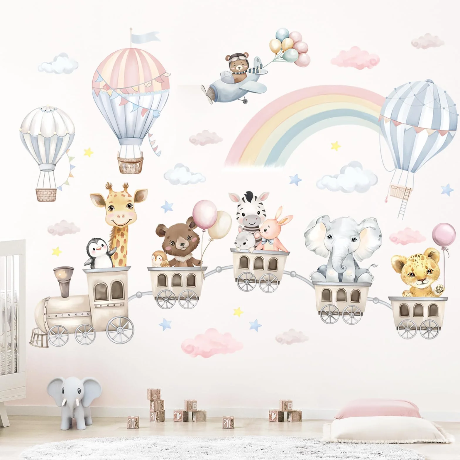 Stickers Muraux Enfant Train des Animaux Aquarelle Décoration Murale Pastel Autocollants Amovibles Chambre Bébé