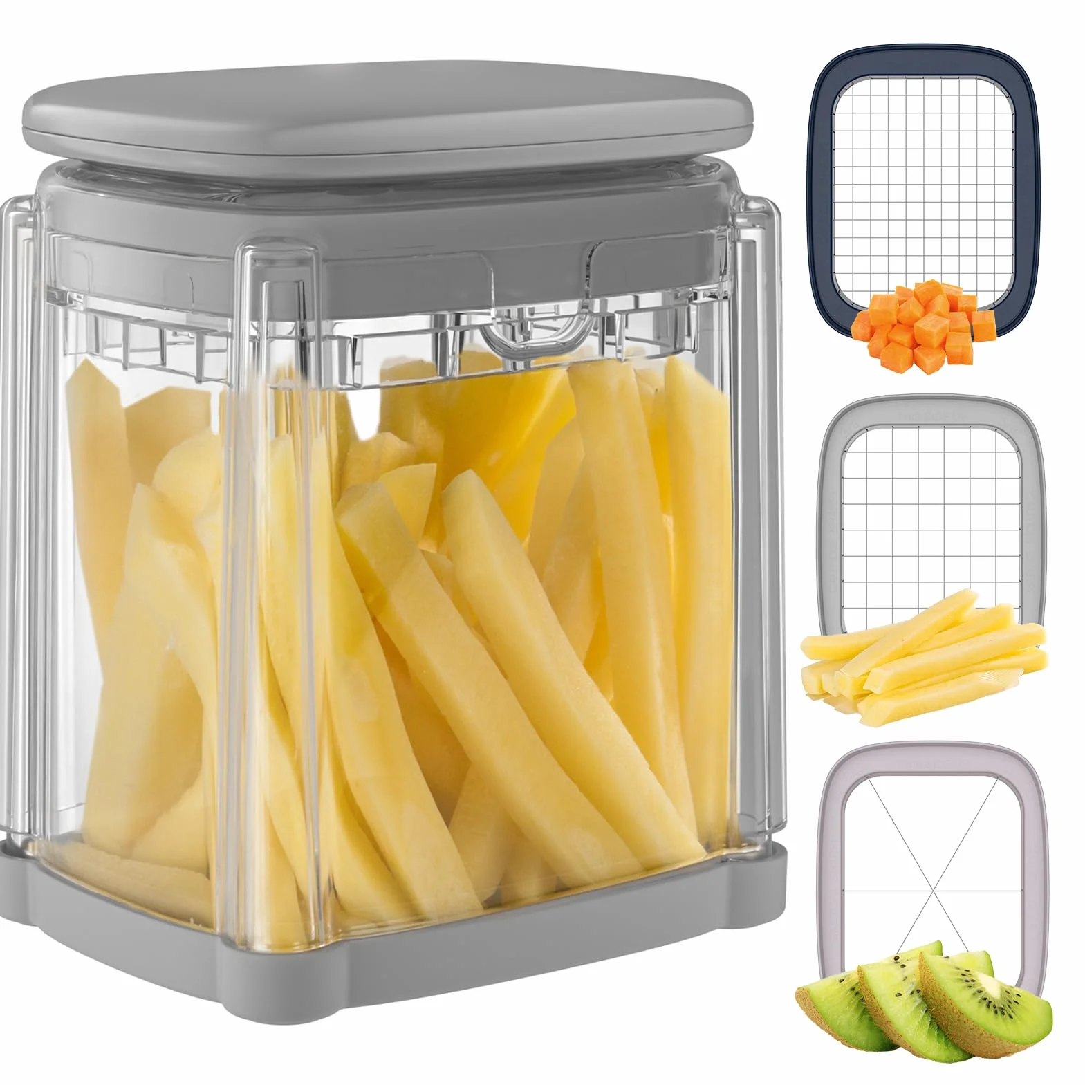 Coupe Frites Manuel, Coupe Frite Rapide avec 3 Lames en Acier Inoxydable, Gris