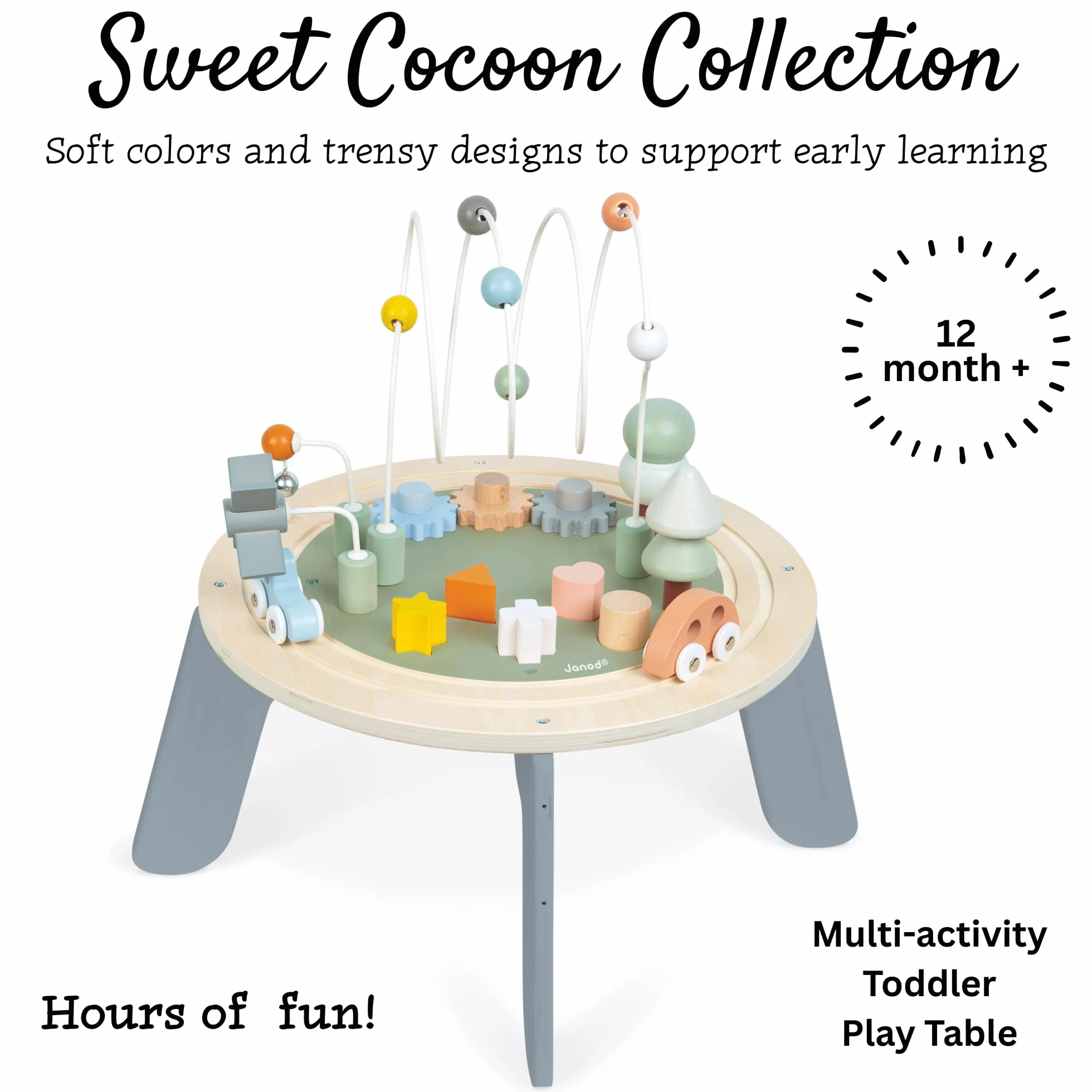 Janod - Table d'Activités en Bois Sweet Cocoon - Table Multijeux - Activités 1er Âge - Développement Motricité Fine - Pieds Antidérapants - Peinture à l'eau - Certifié FSC - Dès 1 an, J04402