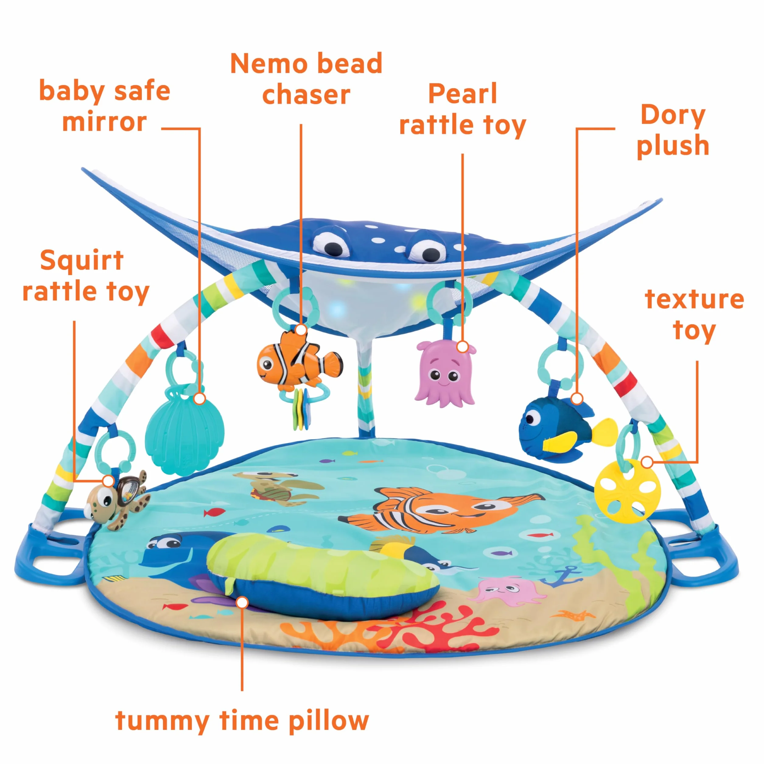 Bright Starts Disney Baby Tapis d’Eveil le Monde de Némo Mr. Ray Ocean Lights, Lumières et Mélodies, Marionnette à Doigts Dory