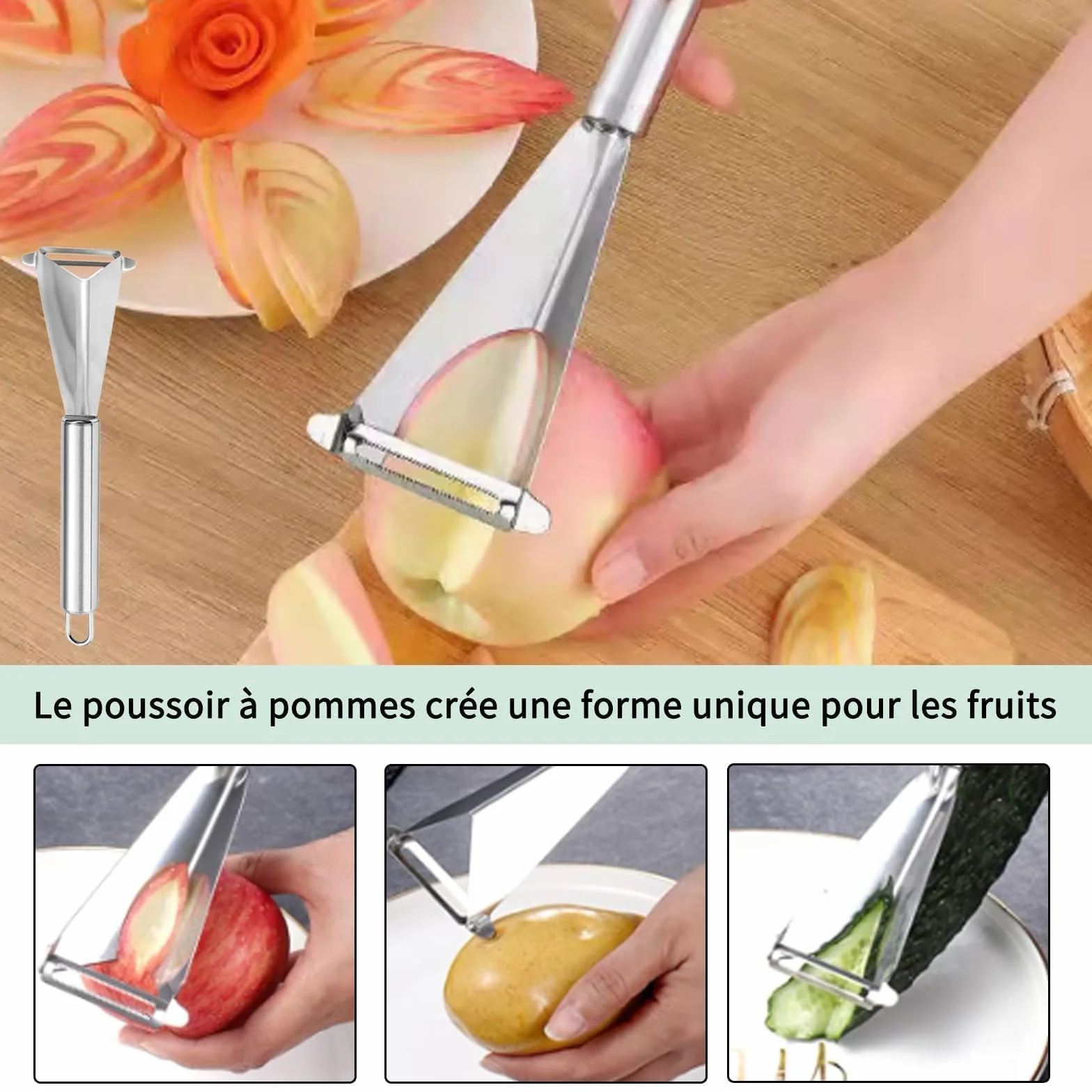 Couteau Sculpture Fruits Acier Inoxydable Pousse-Pomme Cuillère Boule Melon 3 Pièces
