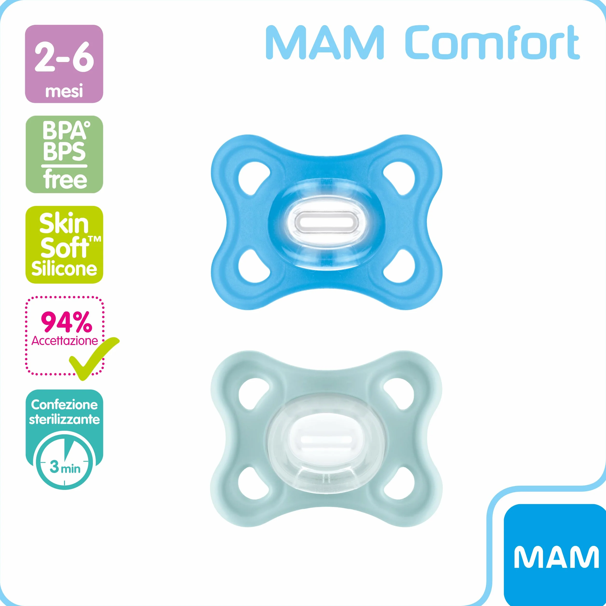 Sucette MAM Comfort lot de 2, silicone 100%, étui porte-sucette, 3-12 mois, bleu clair
