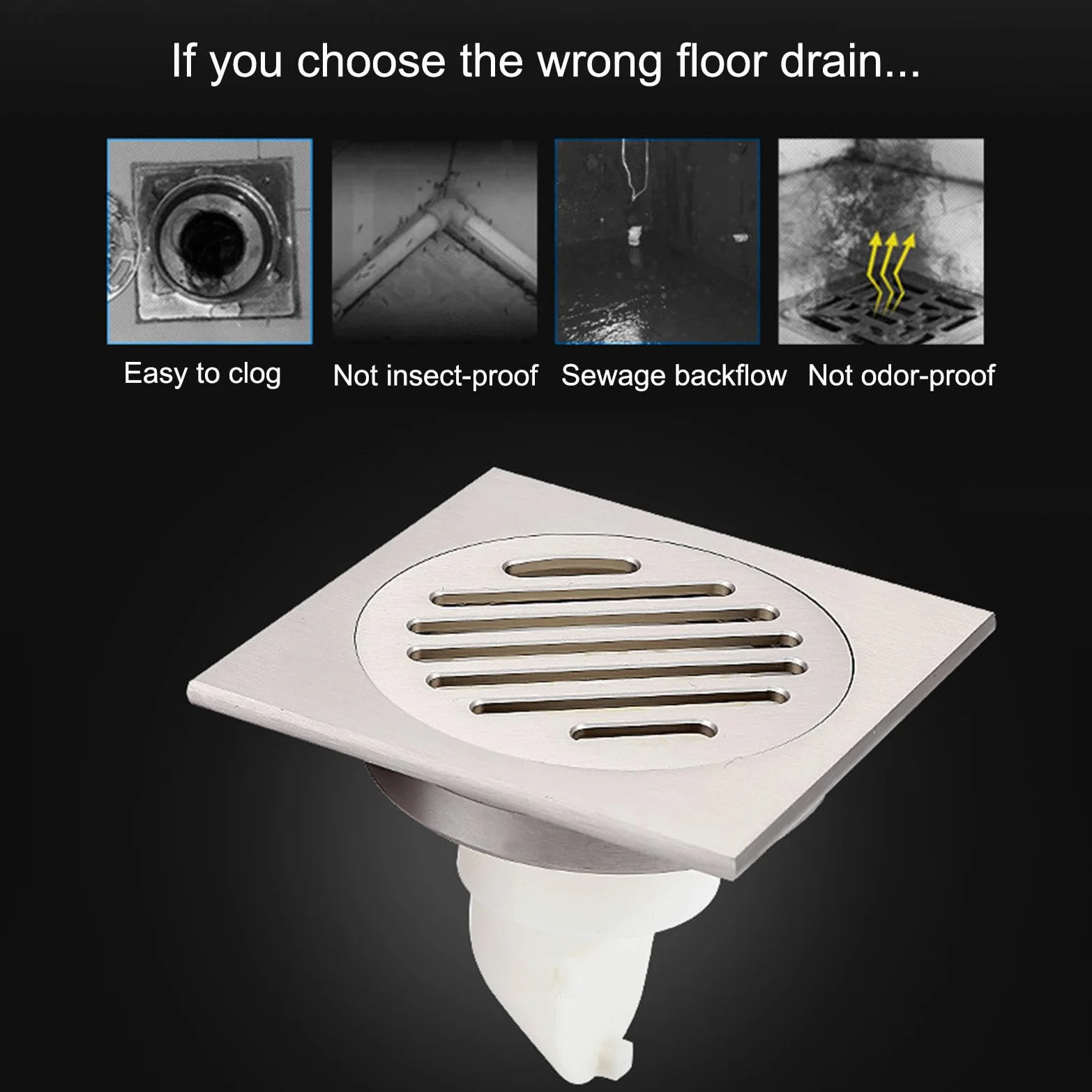 Siphon De Sol Carré 3,93 inch, Siphon Douche Droit Anti-odeurs en Laiton avec Grille Amovible Et Filtre À Cheveux pour Machine À Laver, Salle De Bain, Douche,3.93 in x 3.93 in,M