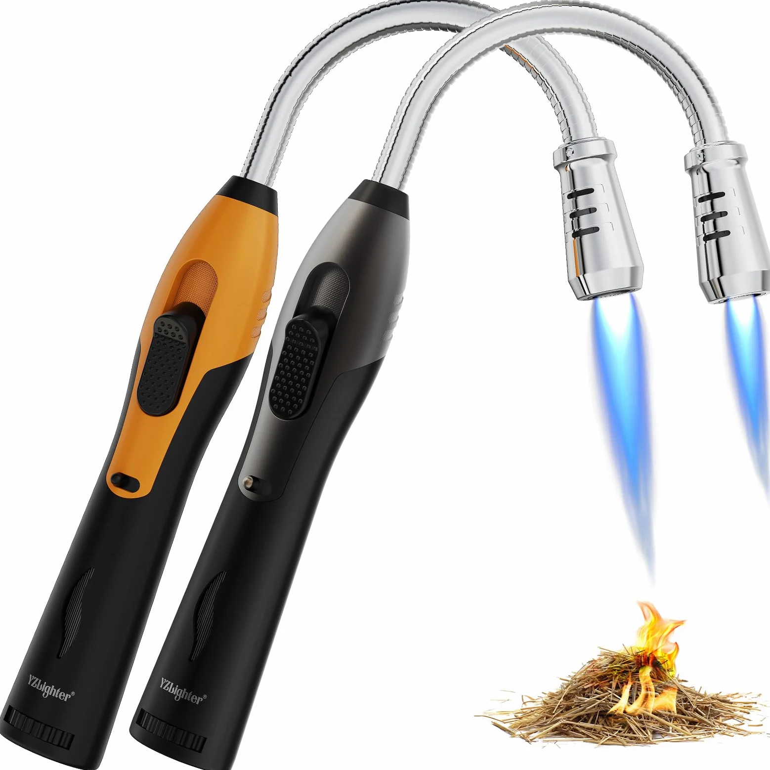 2Pcs Briquet Allume-Feu Rechargeable, Gaz/Allumette Long Allume-Bougies Tempête Flamme Chalumeau BBQ, Cheminée, Bois, Camping (Gaz Non Inclus) Noir et Orange