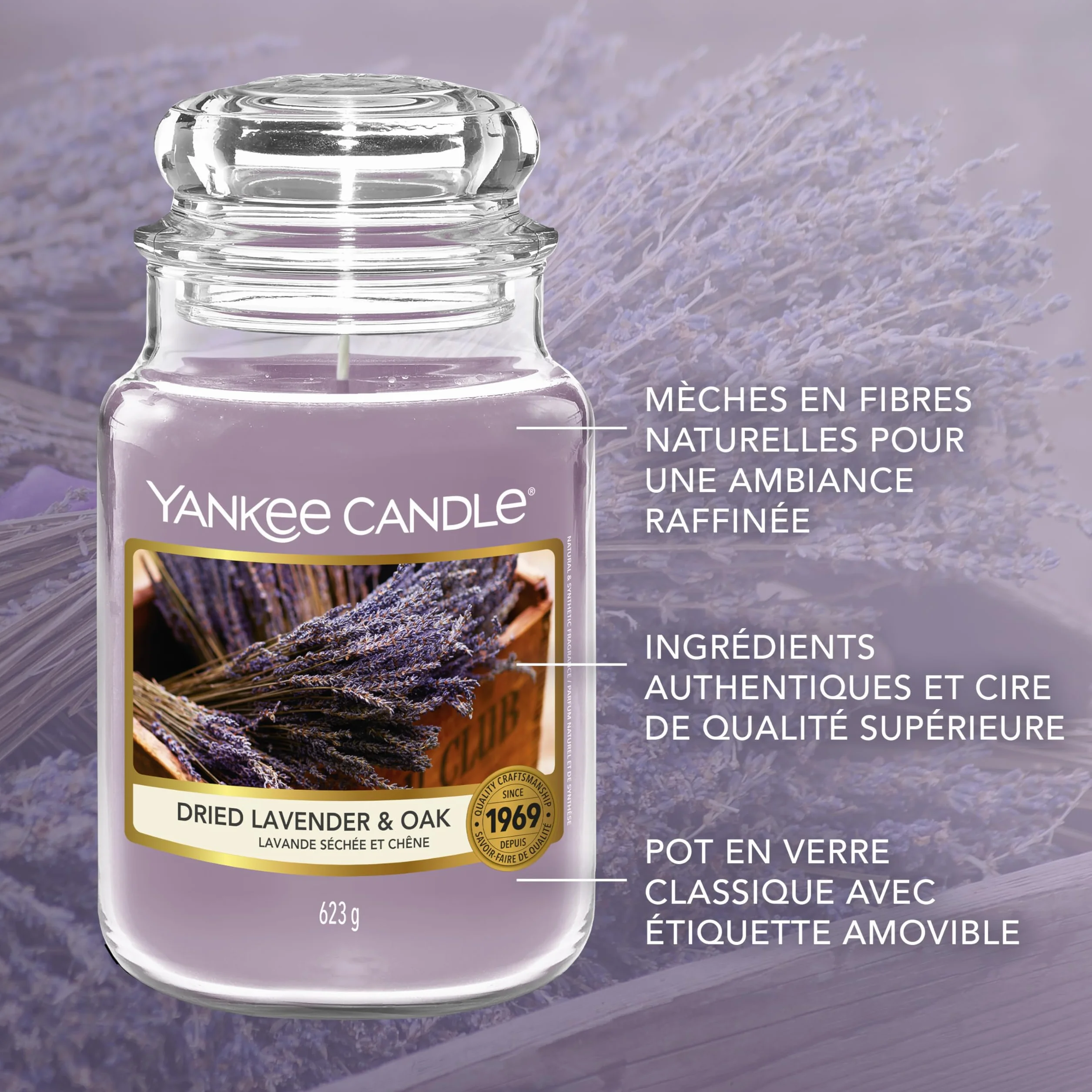 Yankee Candle Grande Bougie Parfumée Lavande Séchée et Chêne 150 Heures