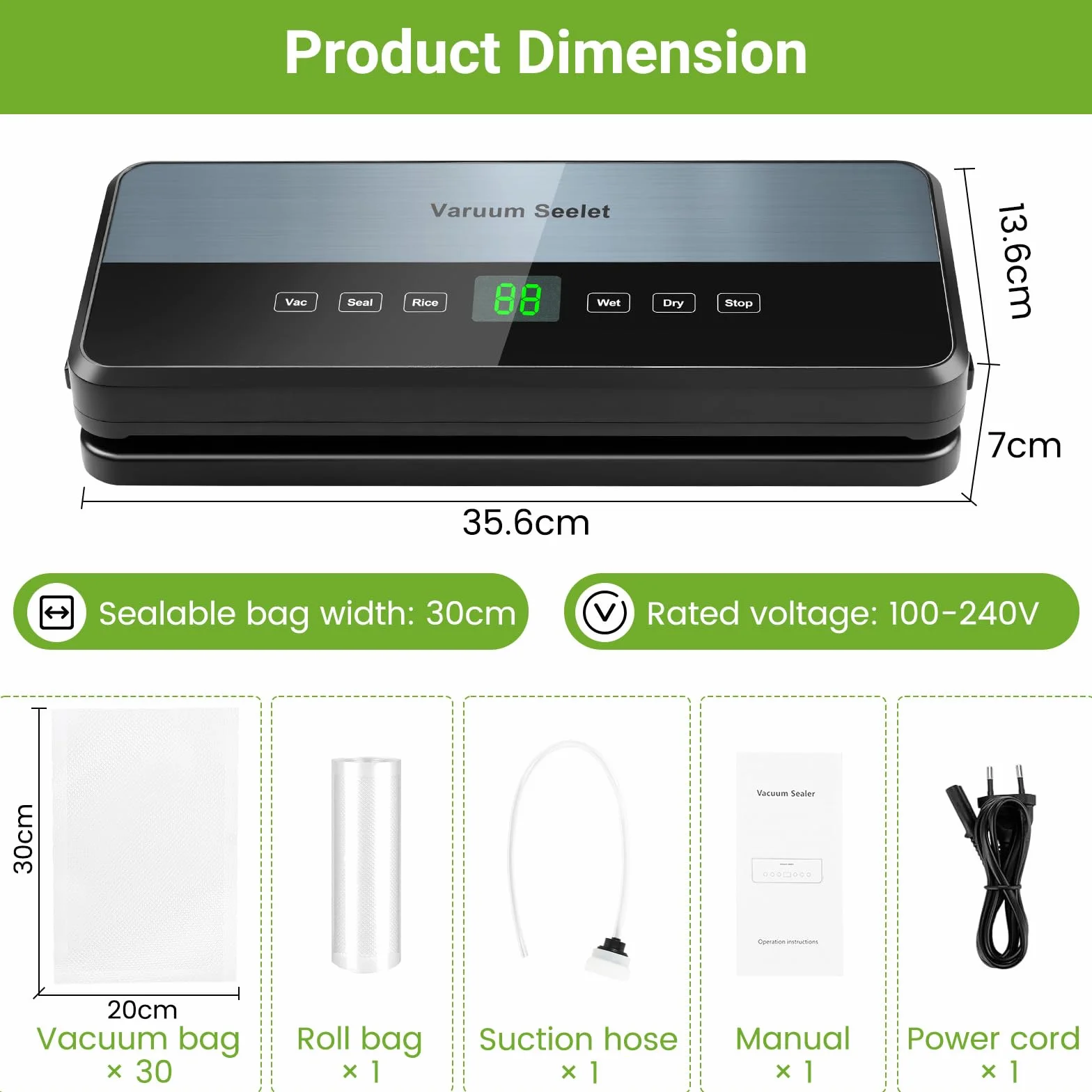 Machine Sous Vide Alimentaire 6 en 1, Sous Videuse avec Tuyau d'Aspiration, Coupeur Intégré et Rangement, 1 Rouleau + 30 Sacs