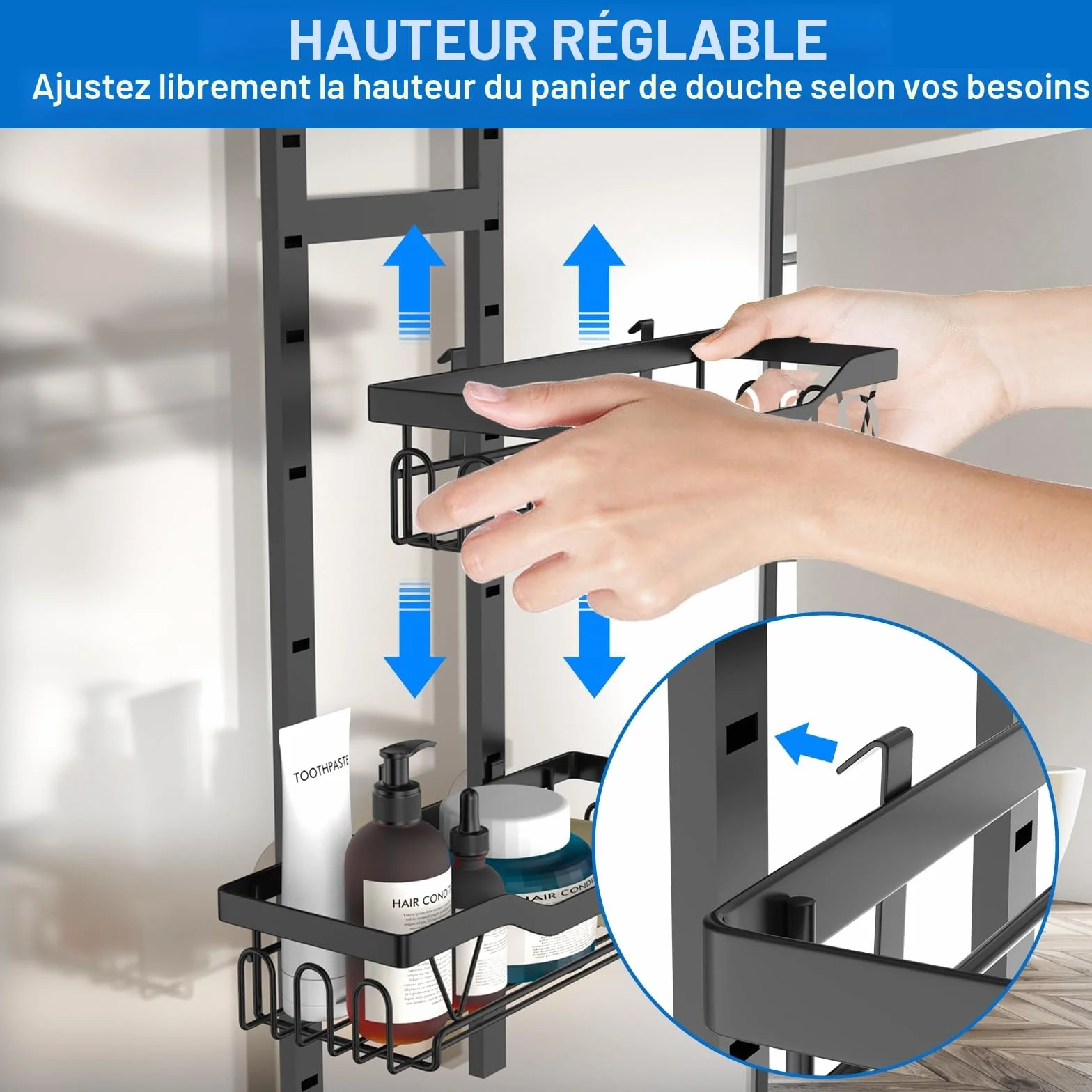 Etagere Douche à Suspendre sans Percage 3 PCS Réglable Panier Gel Shampooing Noir