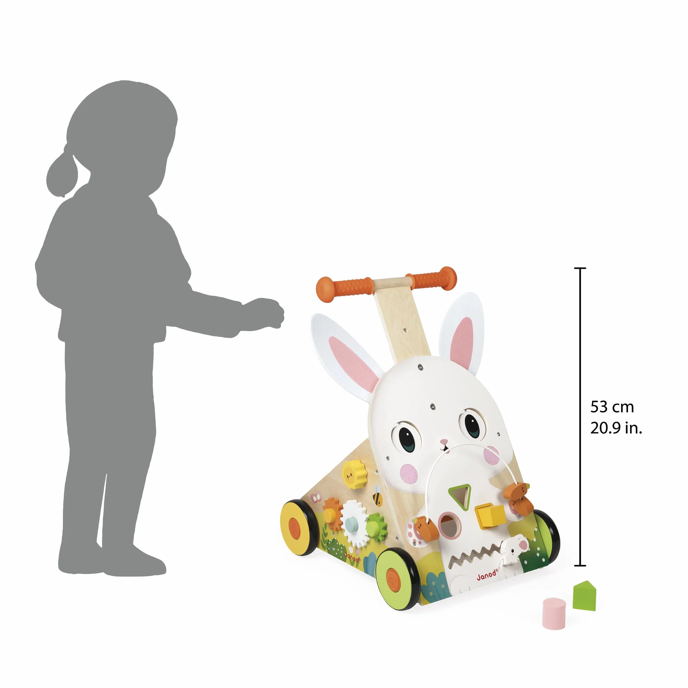Janod Chariot Multi-Activités Ferme en Bois à Pousser 9 Activités Système Frein Breveté Roues Silencieuses Jouet Eveil Enfants Dès 12 Mois