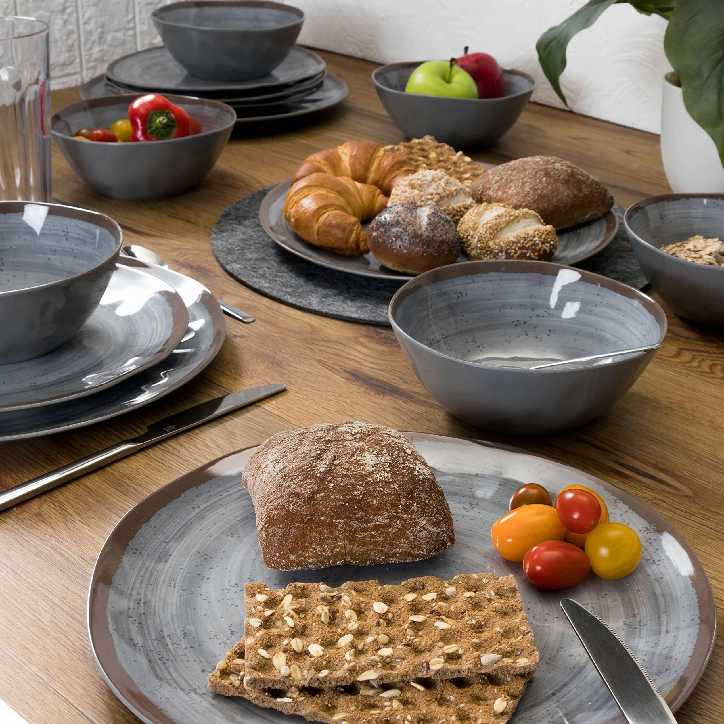 Service table mélamine tasses 4 personnes 16 camping extérieur grès Gris