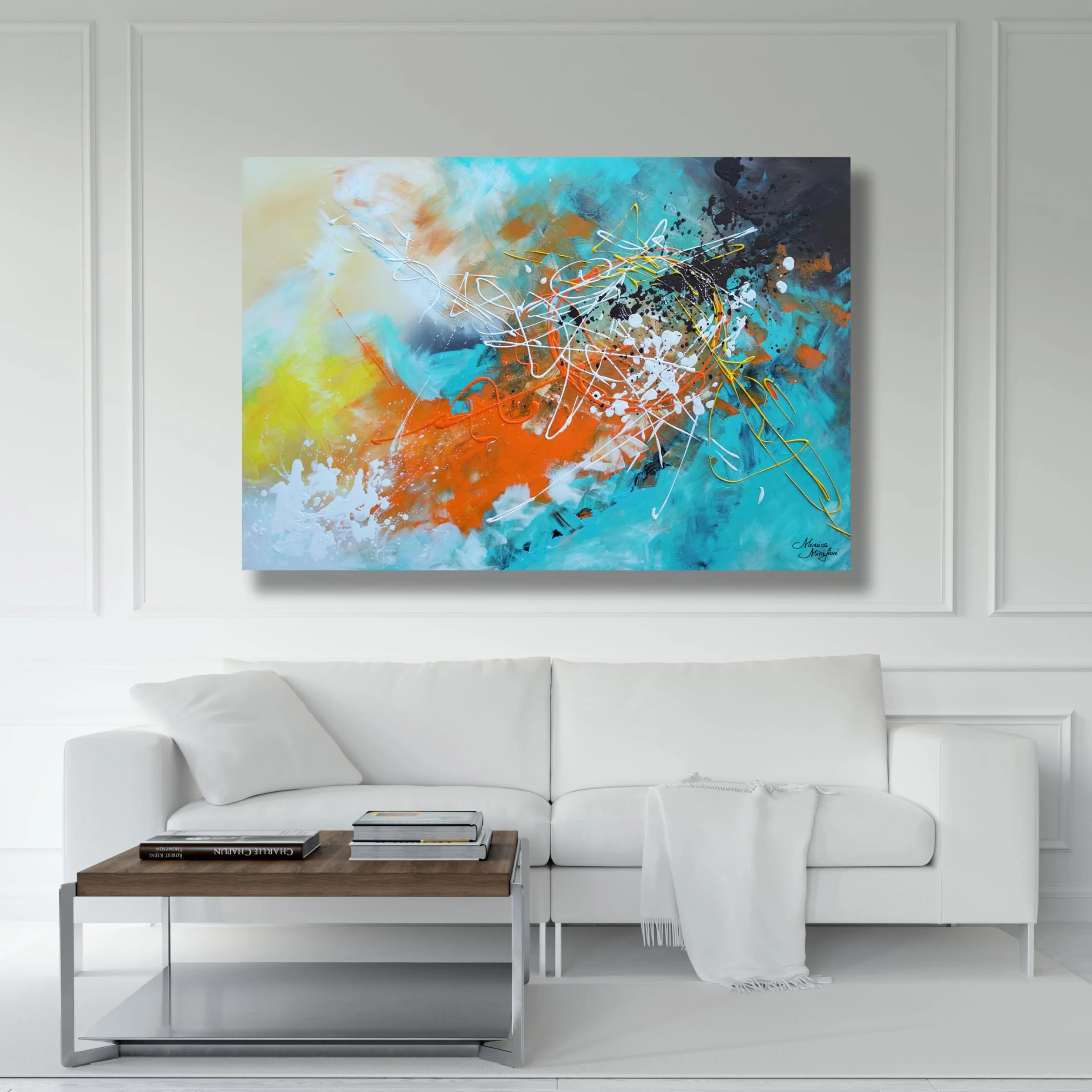 Tableau Peint à la Main 90x60 cm Toile sur Cadre en Bois