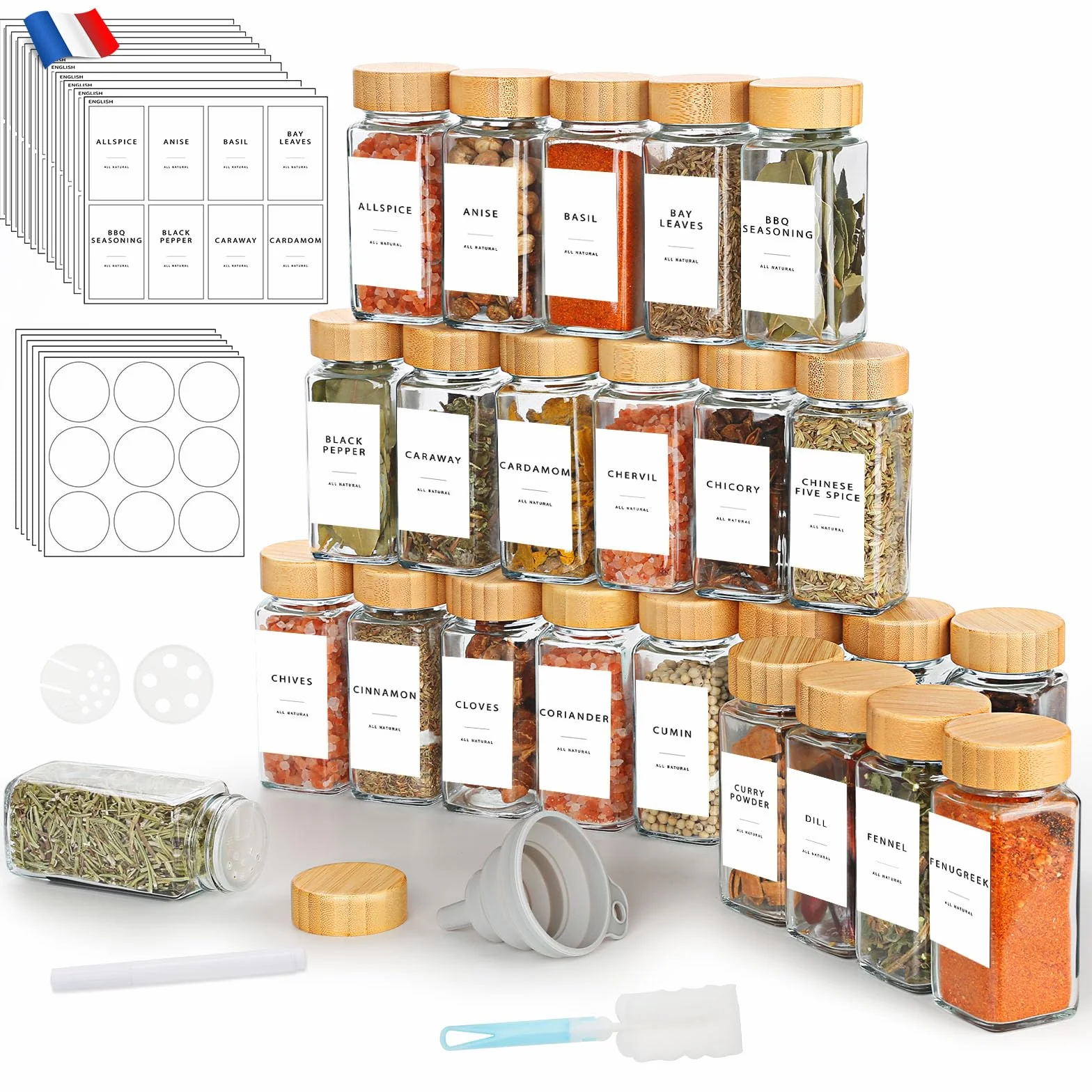 Lannvan Pot à Épices en Verre et Bois - 24 Pièces 120ml Bocaux à Épices avec Tamis, Étiquettes, Entonnoir