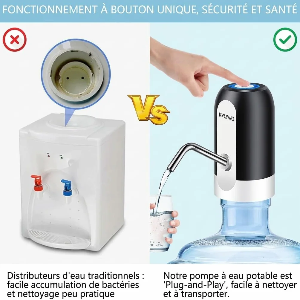 Pompe à Bouteille d’Eau Électrique Portable, 2 Adaptateurs, 2 Tuyaux, Silicone, Plastique, Noir Blanc