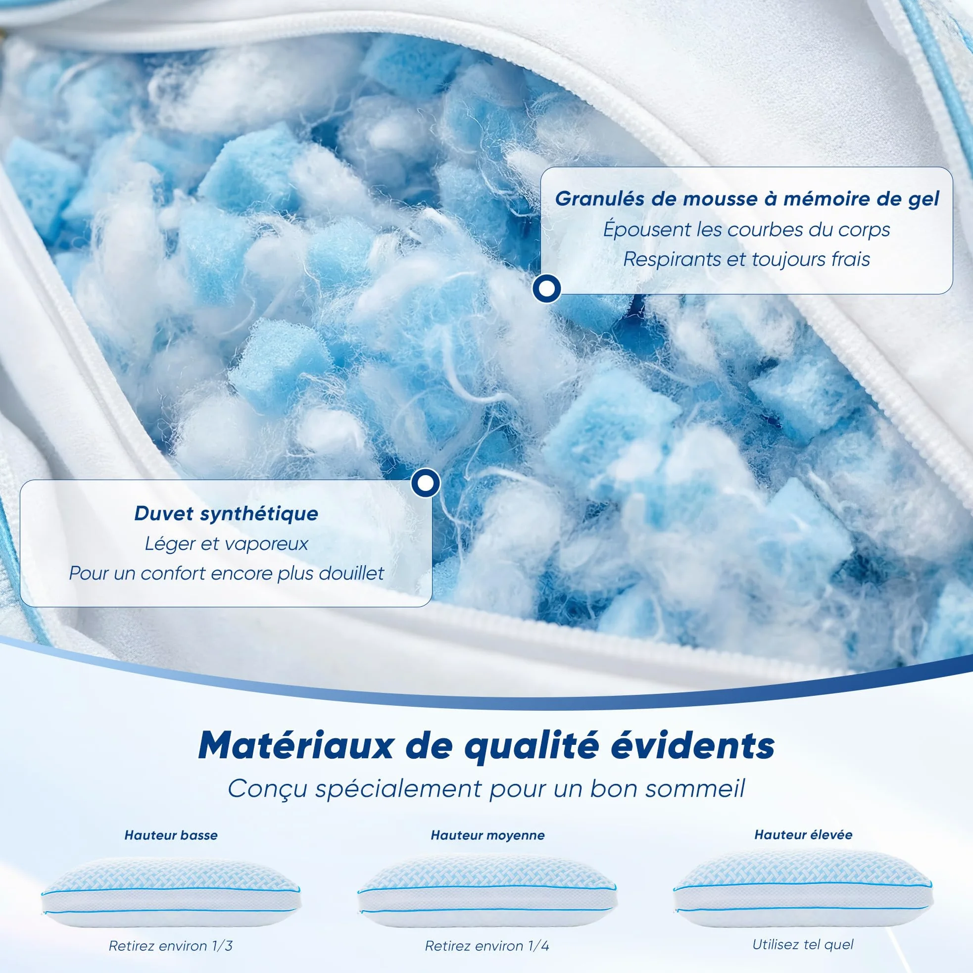 Oreiller mémoire de forme Gel – Oreiller 50x70 cervical à hauteur réglable, coussin respirant confortable, régulation thermique bi-face, avec housse amovible lavable, idéal pour toutes positions