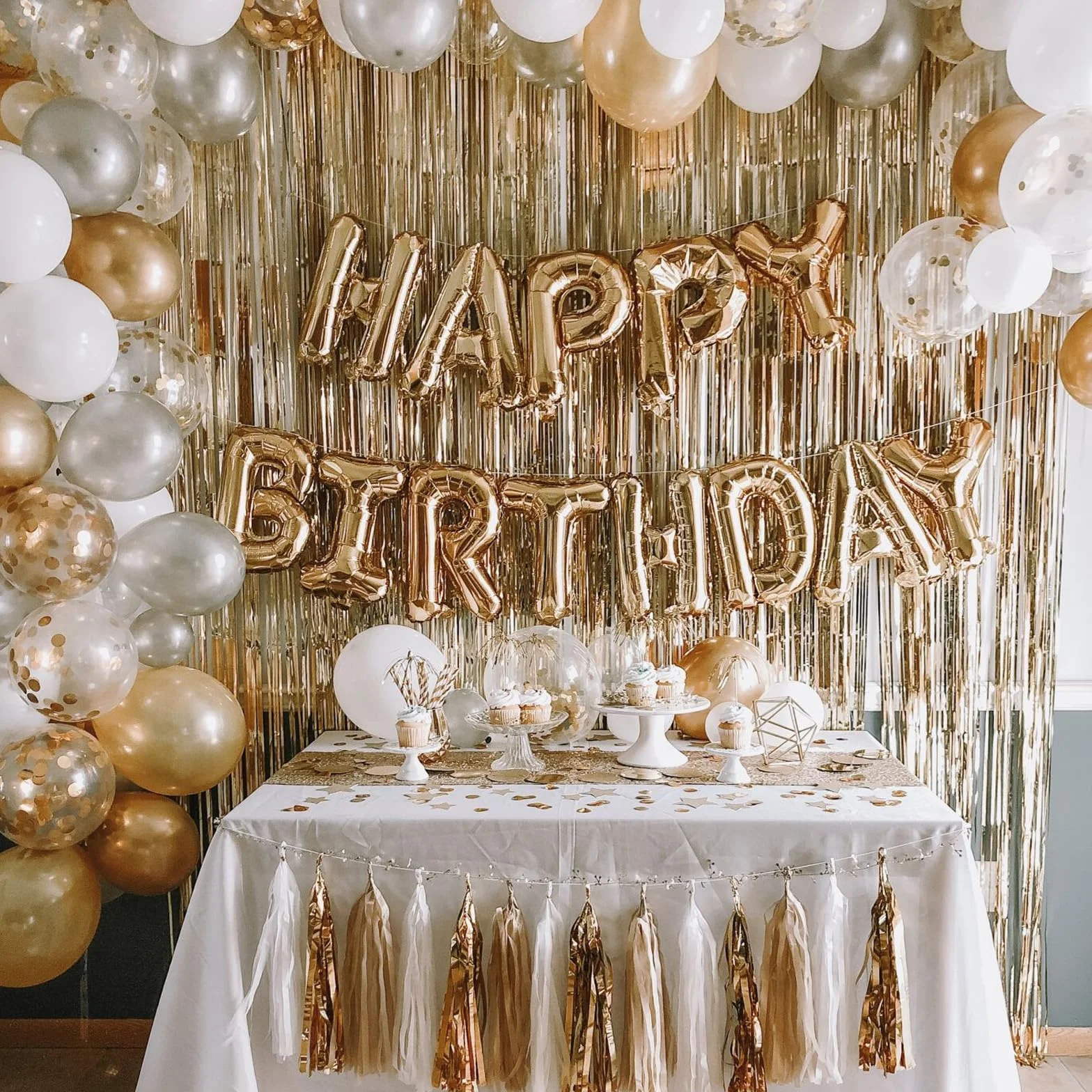 Rideau Anniversaire Or Champagne 5 Pièces 1m x 2m, Rideau Métallique Frange Paillettes Scintillants pour Décoration Fête Mariage Noël