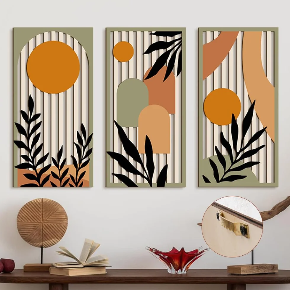 KiKiHong Décoration Murale en Bois Set de 3, Tableaux Murs Bois Motif Plantes & Géométrique Moderne 40 x 20 cm