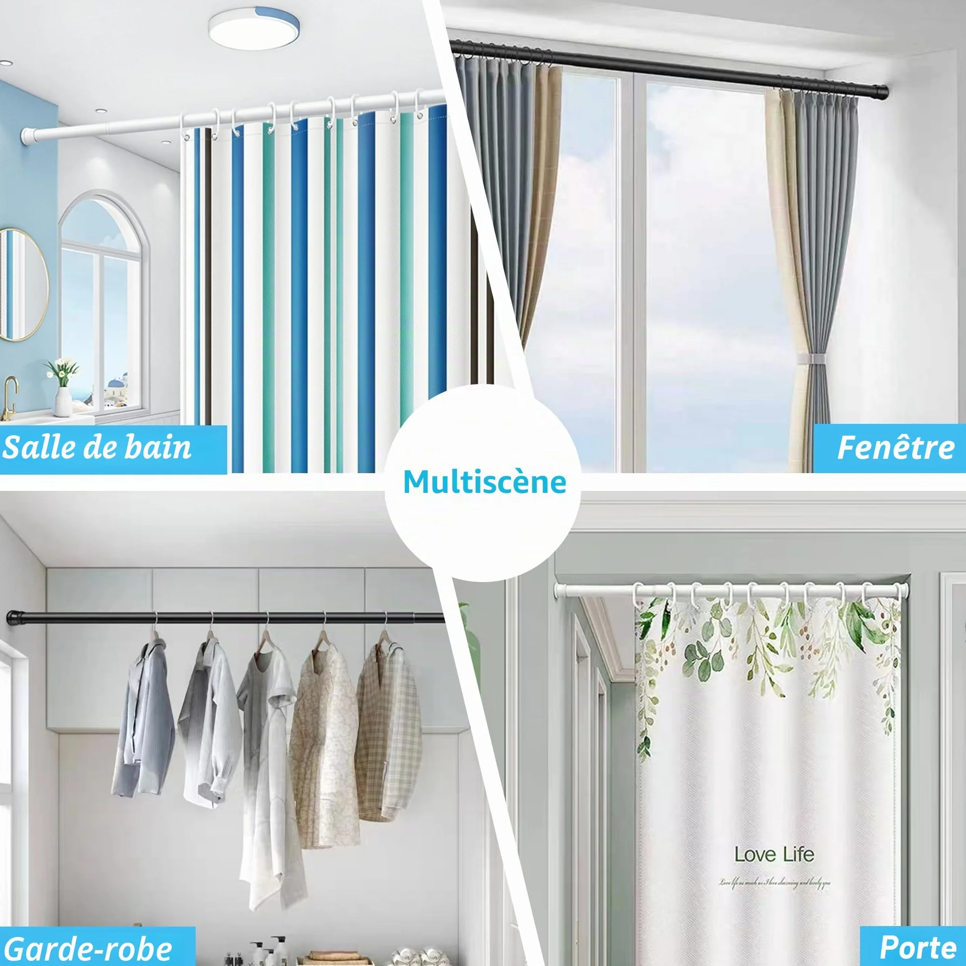 Tringle à rideaux télescopique sans perçage 66-90 cm blanc diamètre 25 mm