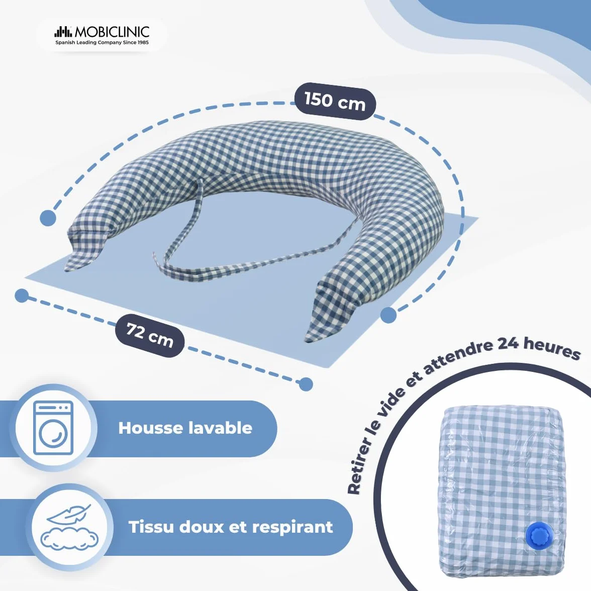 Mobiclinic® Coussin Allaitement et Grossesse XXL 3 en 1 Housse 100% Coton 150 cm Sangles Réglables Amovible Lavable