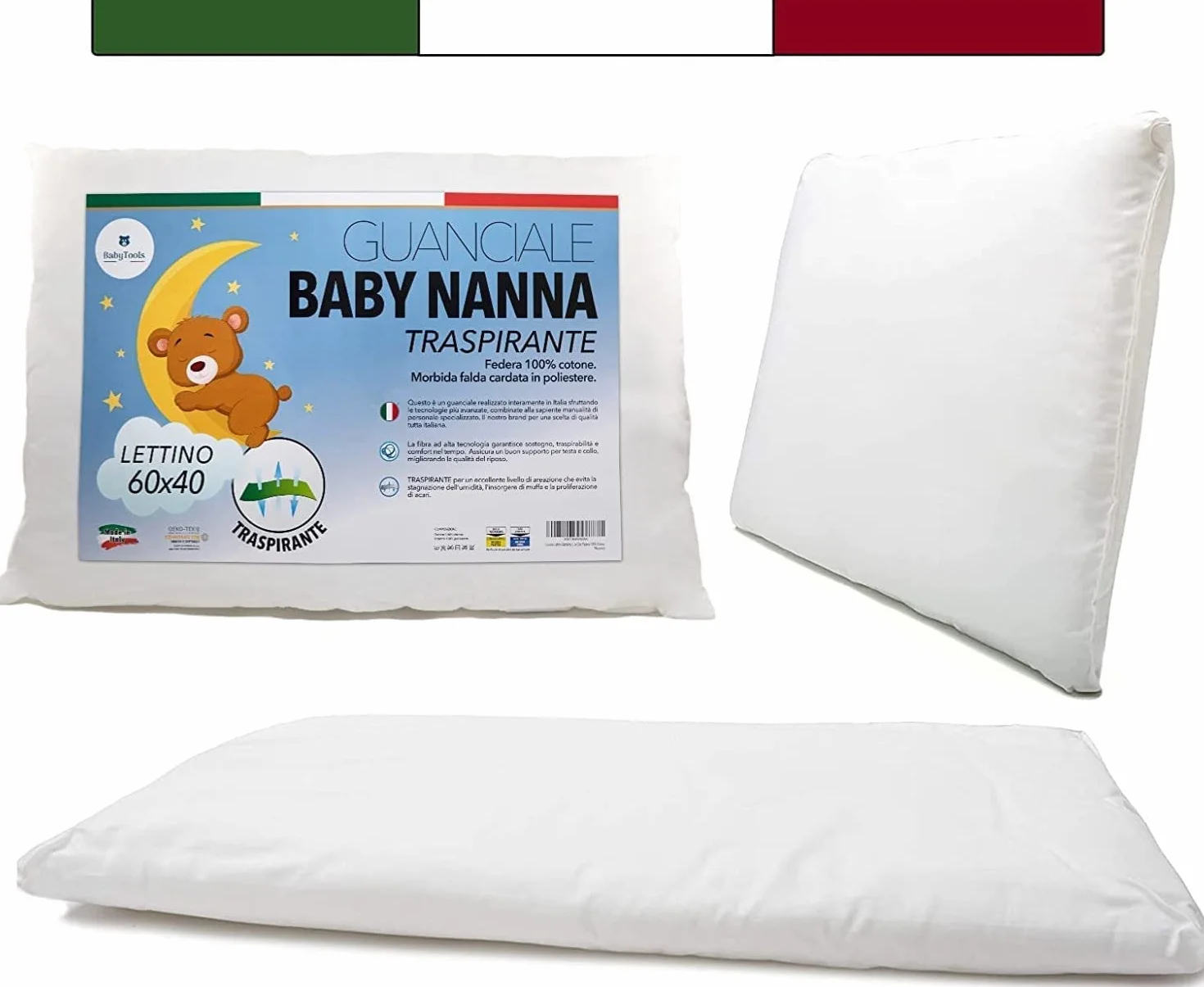 BabyTools Oreiller Enfant 40x60 Transpirant Résistant Acariens Taie 100% Coton Oeko-TEX Fabriqué Italie