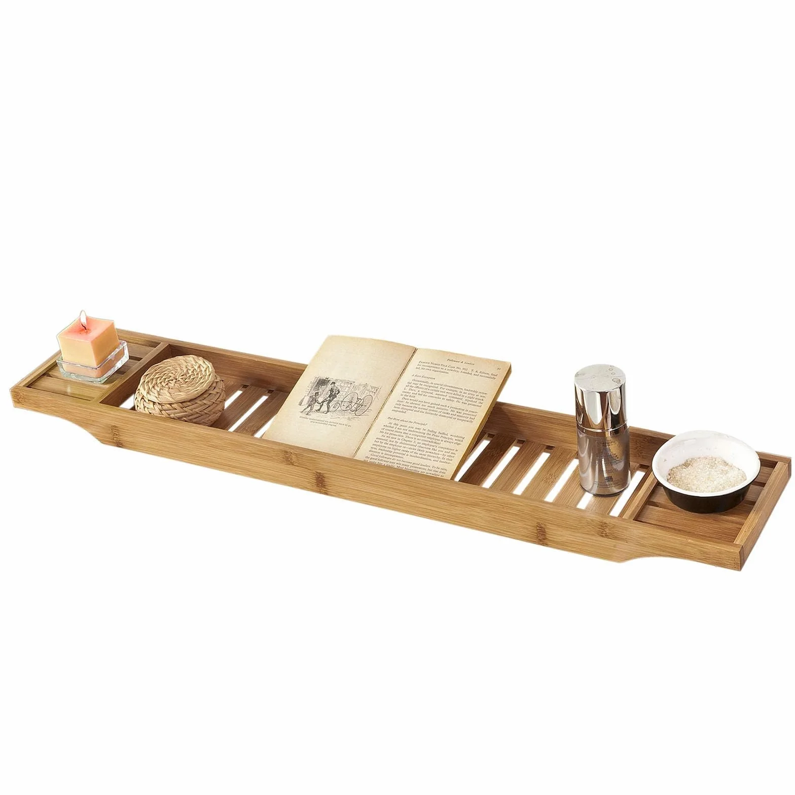 SoBuy Plateau de Baignoire en Bambou 80 cm – Pont de Baignoire en Bois pour Grandes Baignoires, Support Verre de Vin & Emplacement Bougie