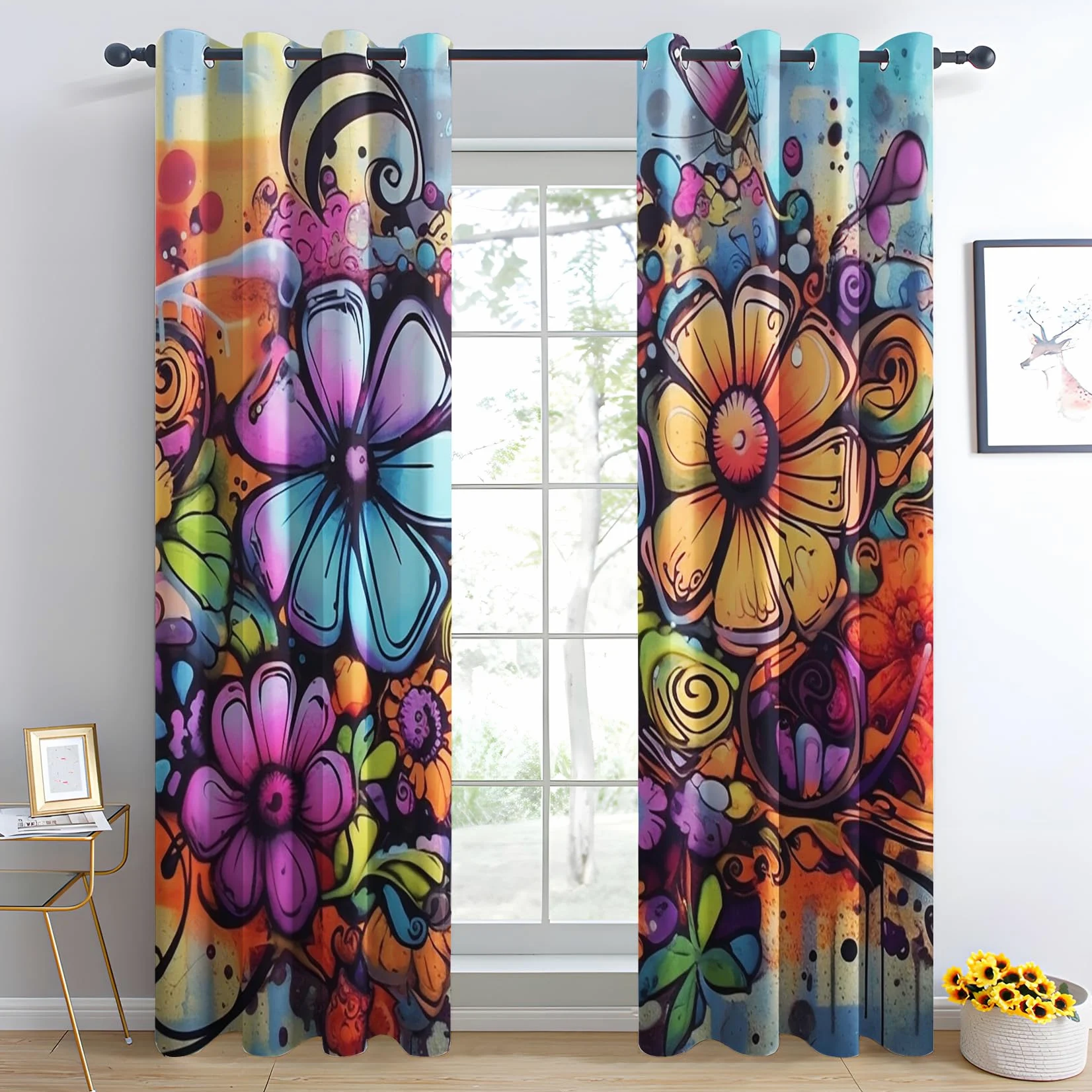 Rideau Occultant Graffiti, Rideau Isolant Thermique pour Salon Chambre, Rideaux Motif Floral, Rideau Opaque à Oeillets, Lot de 2 Rideaux et Draperies Intérieur 140x240cm LxH