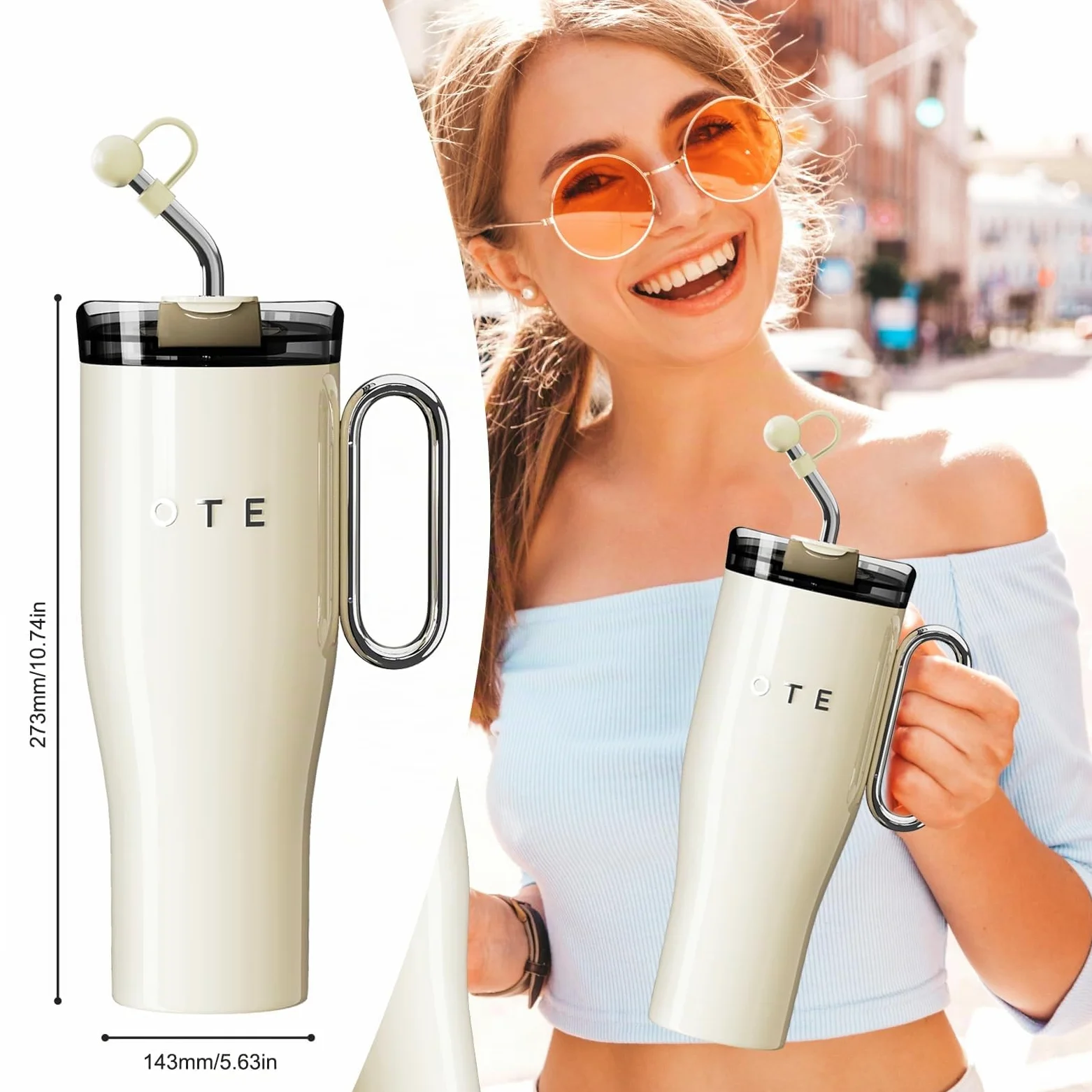 OTE Gobelet Isotherme 40 oz Avec Paille et Anse - Tasse à Café à Emporter Avec Couvercle Double Paroi en Acier Inoxydable - Tasse Sous Vide Pour Voiture