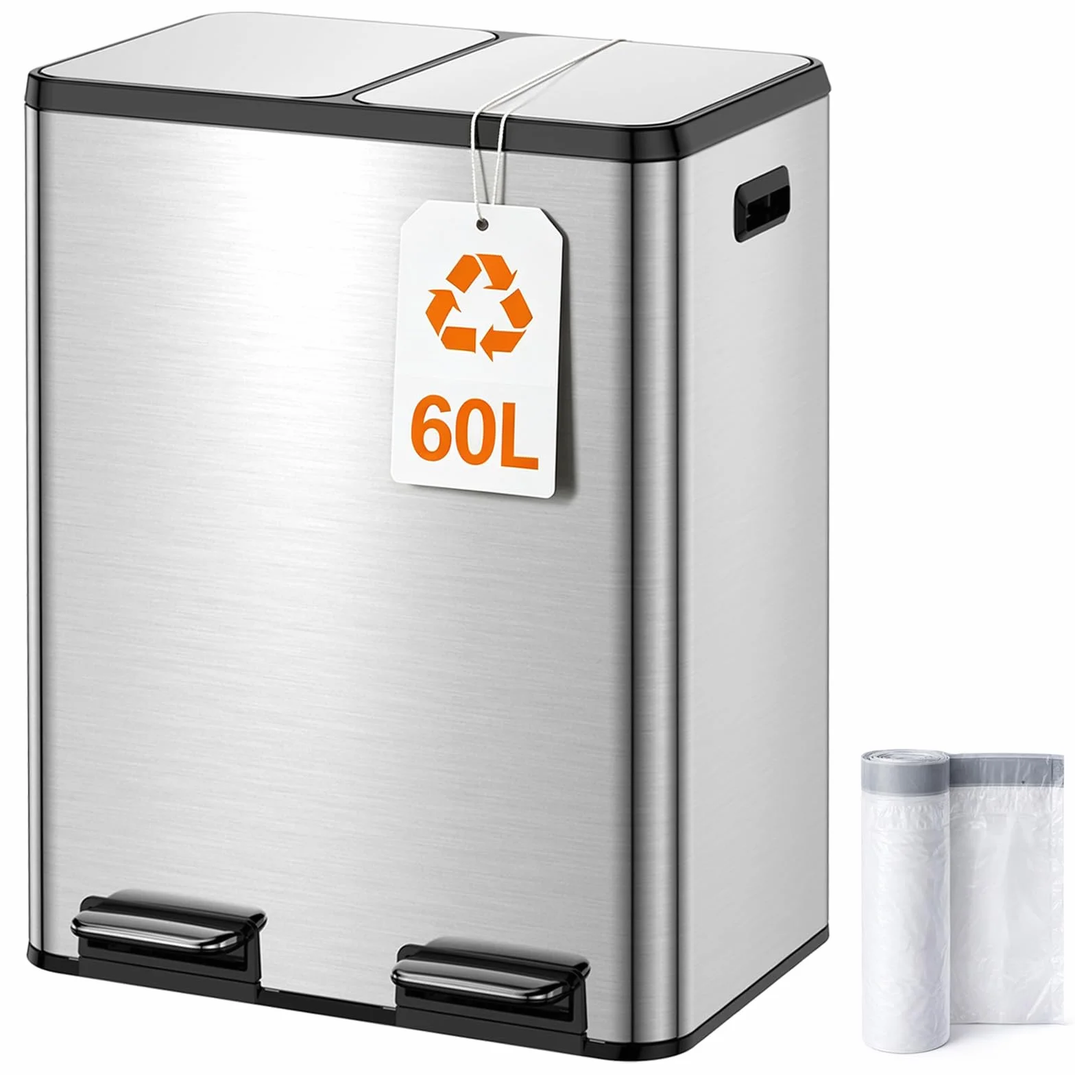 YEAUPE PRO Poubelle Cuisine 60L à Pédale, 2x30L Tri Sélectif Double Compartiment Inox