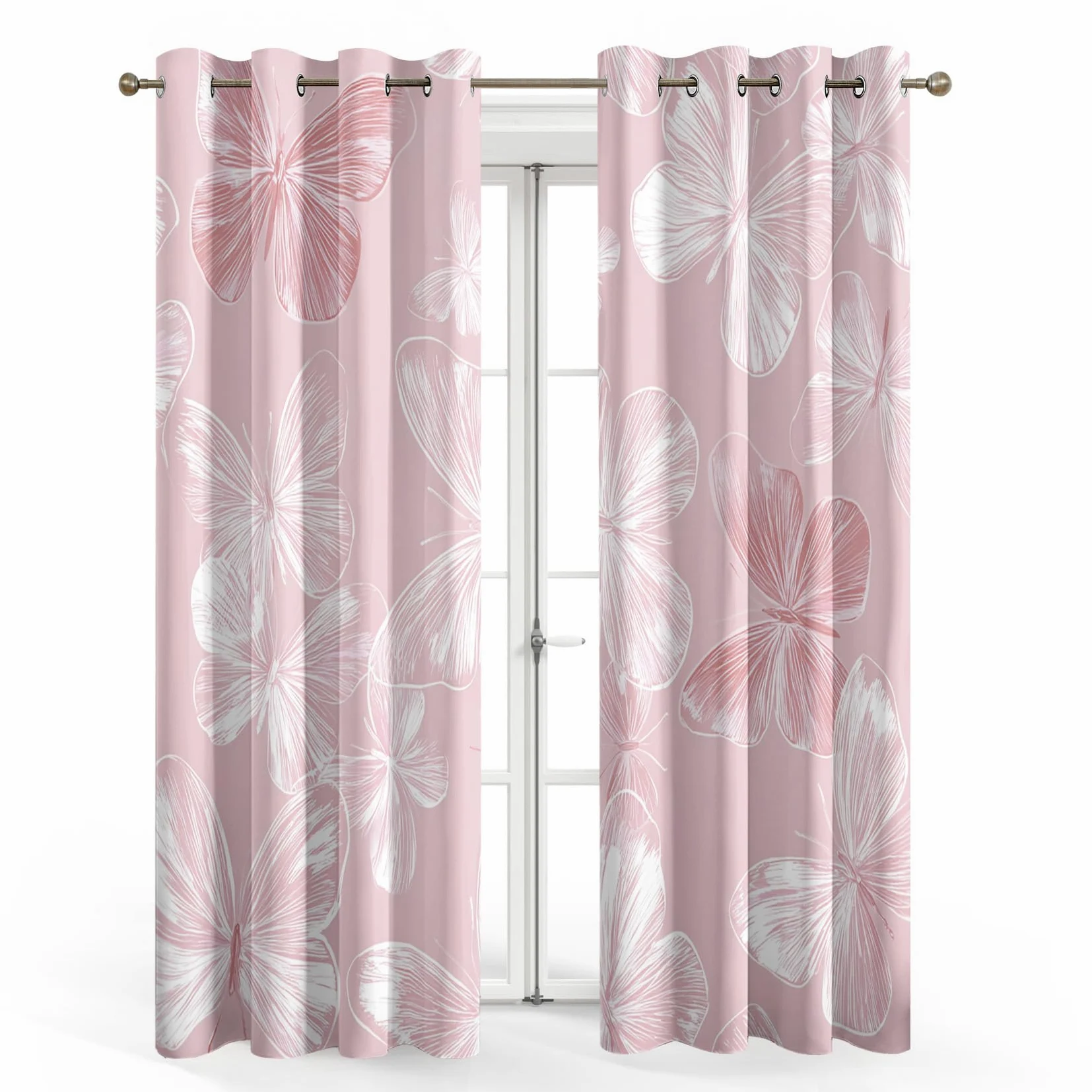Rideau Occultant Papillon Rose, Féminine Et Féminine Motif Rideaux Thermiques à Oeillets, Rideaux Imprimé pour Salon Chambre Fenetre Moderne Décoration, 140x160 cm (L x H), Lot de 2, D#640