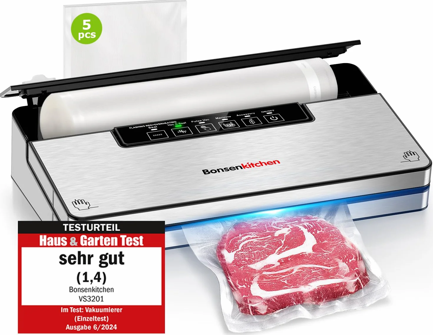 Bonsenkitchen Machine Sous Vide Alimentaire, 5 Modes-8 L/min, Technologie Globefish, 5 Sacs Sous Vide et 1 Sac en Rouleau
