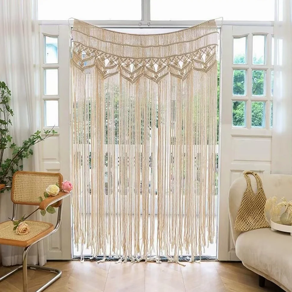 Rideau de porte bohème macramé en corde de coton à suspendre au mur Beige pour fenêtre Arche Toile de fond (150 x 180 cm)