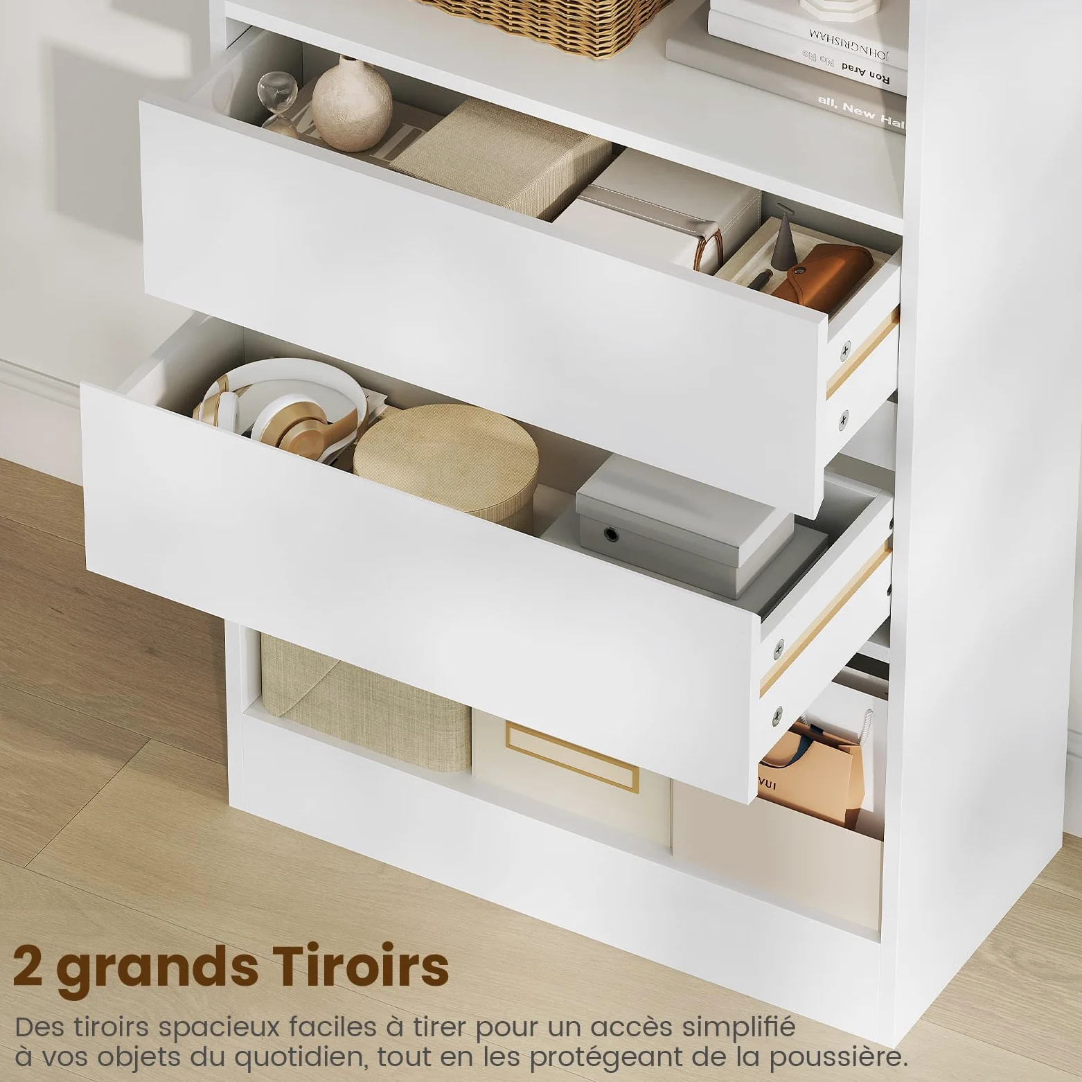 Bibliothèque, Meuble de Rangement avec 2 Grands Tiroirs et 4 Compartiments, Colonne Polyvalente avec Étagère Réglable, pour Salle de Bain, Salon, Cuisine,Facile à nettoyer, 180x60x24 CM,Blanc