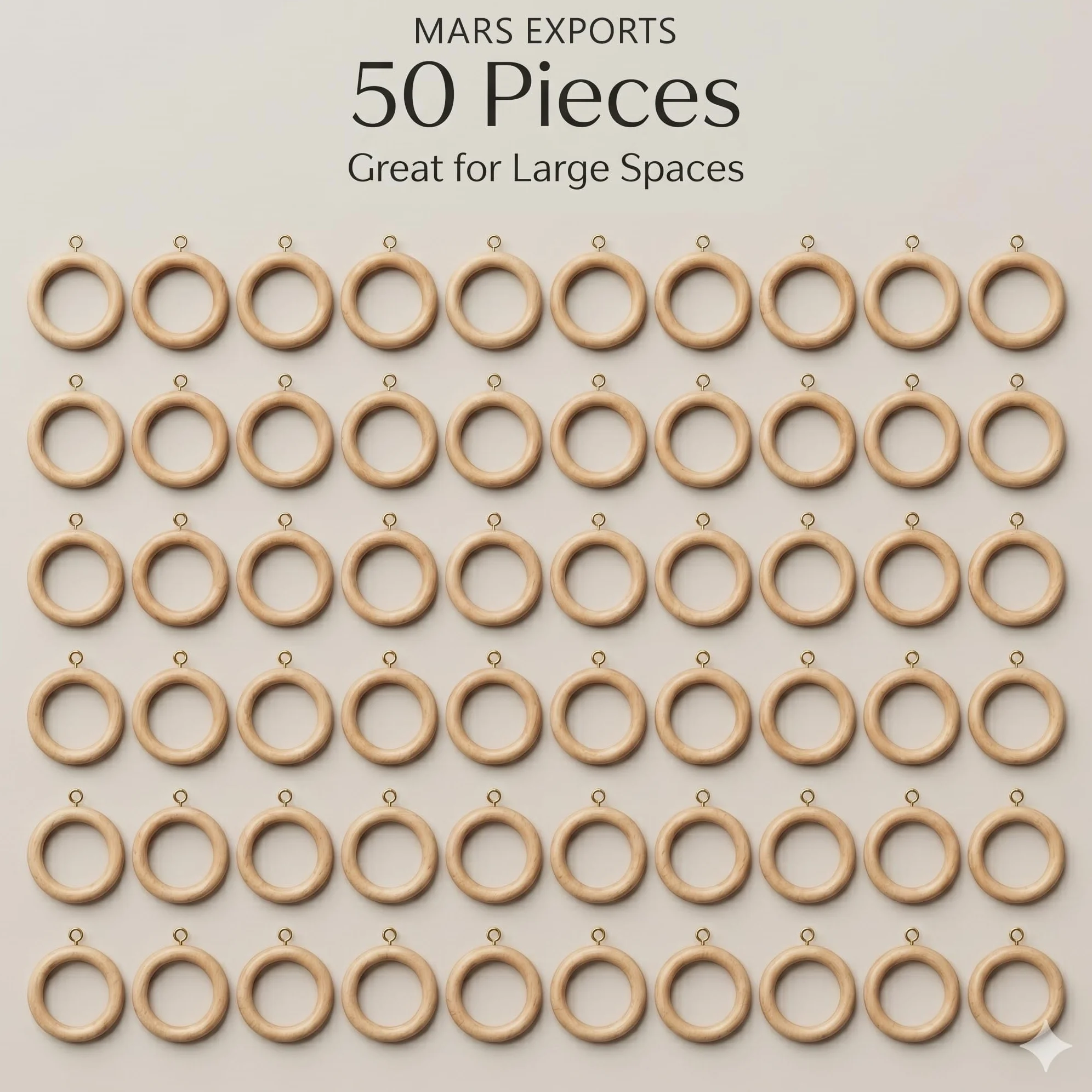 Lot de 50 Anneaux de Tringle à Rideaux en Bois de 6,3 cm pour Tringle à Rideaux de 3,8 cm, diamètre intérieur de 4,4 cm, Bois de hêtre Naturel (127,2 cm, diamètre intérieur de 4,4 cm)