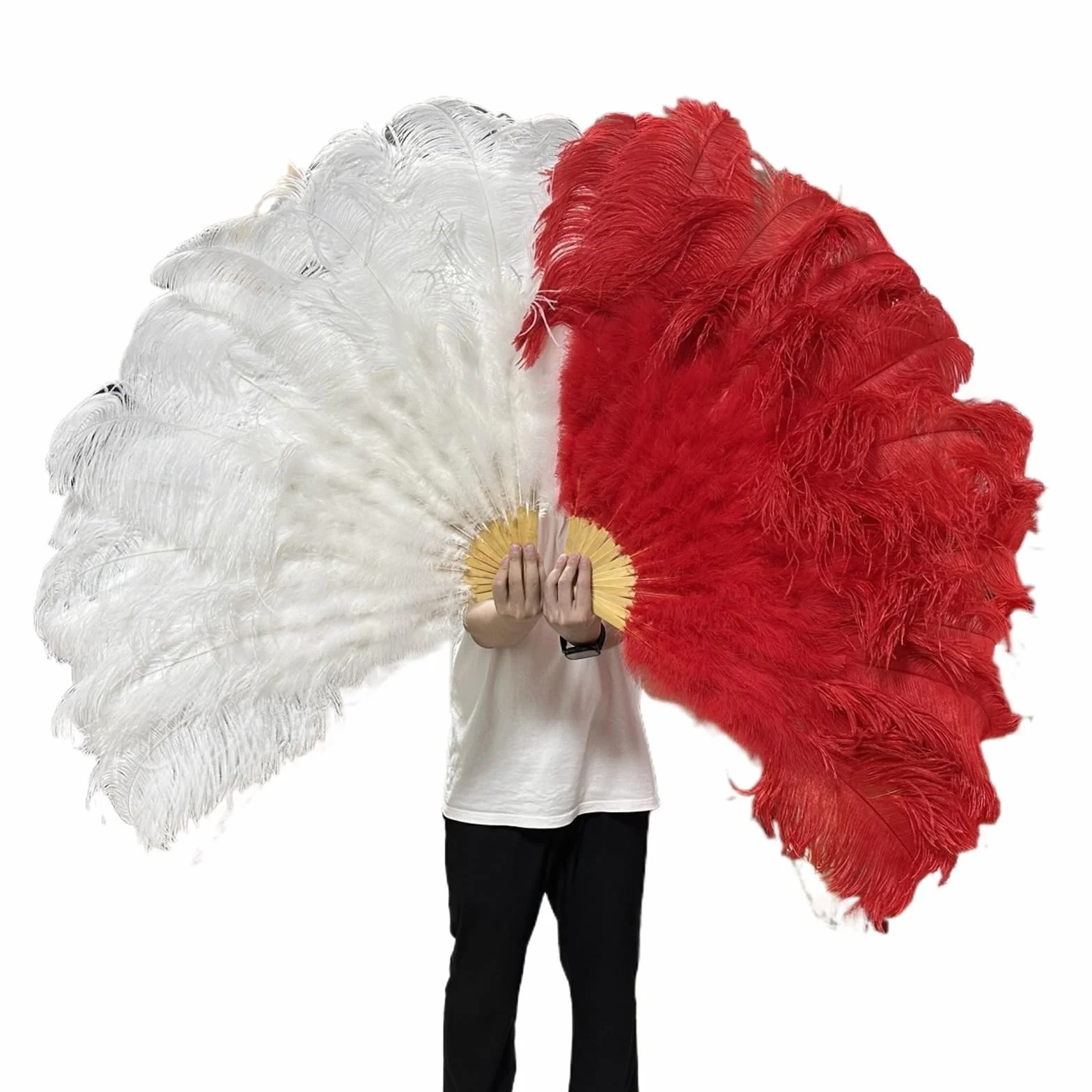Éventail pliant en plumes d'autruche 100 cm 130 cm Blanc mariage fête spectacle