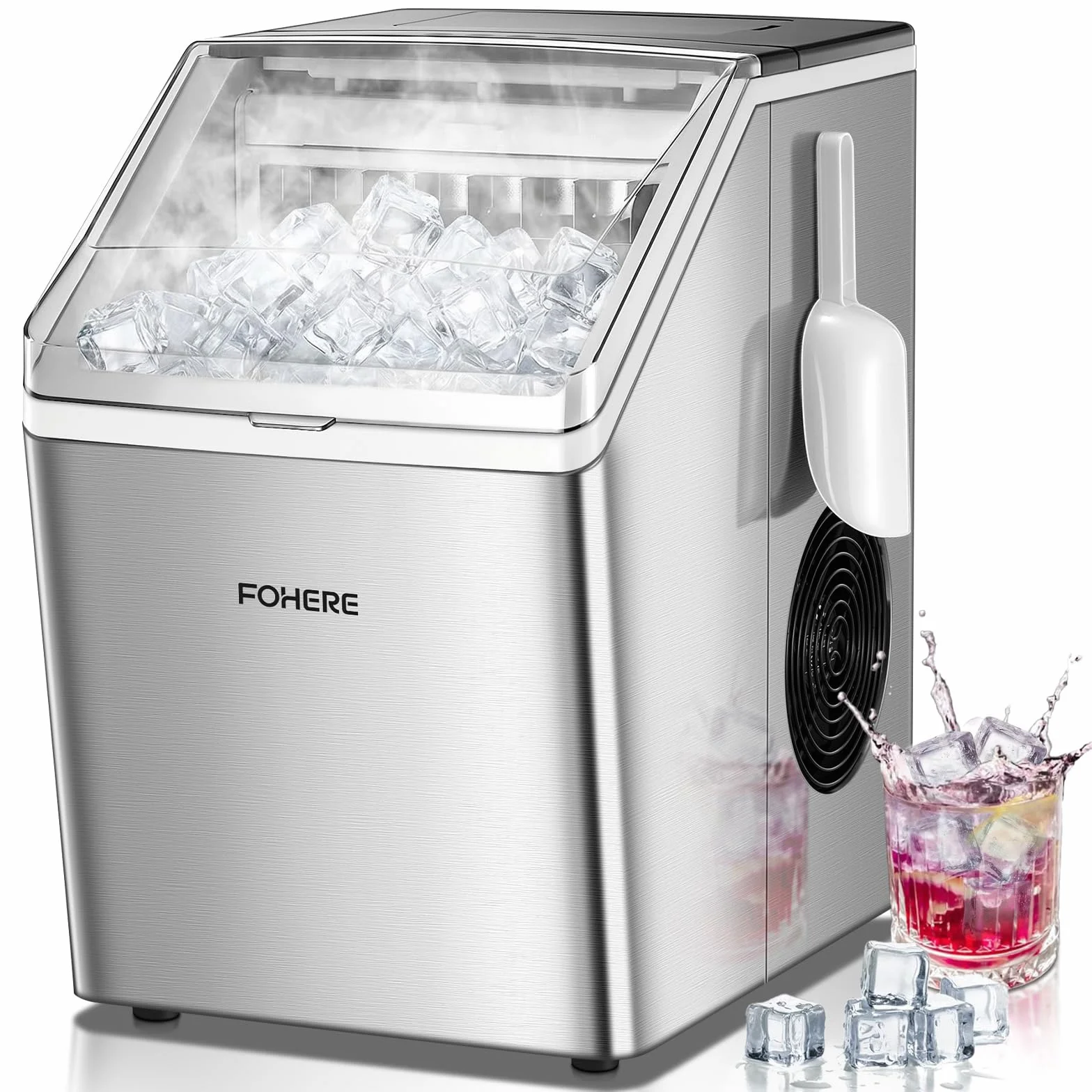 FOHERE Machine à Glaçons Acier Inoxydable 24kg/24h 24 Glaçons 10-15 Min Réservoir 3,2L Auto-Nettoyage Dégivrage Double Alimentation Eau 40 dB