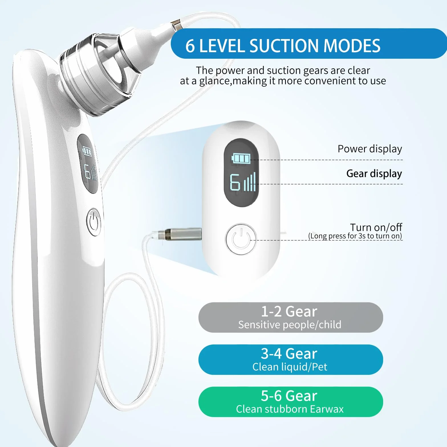 Aspirateur de cérumen électrique 6 vitesses LCD pour nettoyage en profondeur enfants adultes