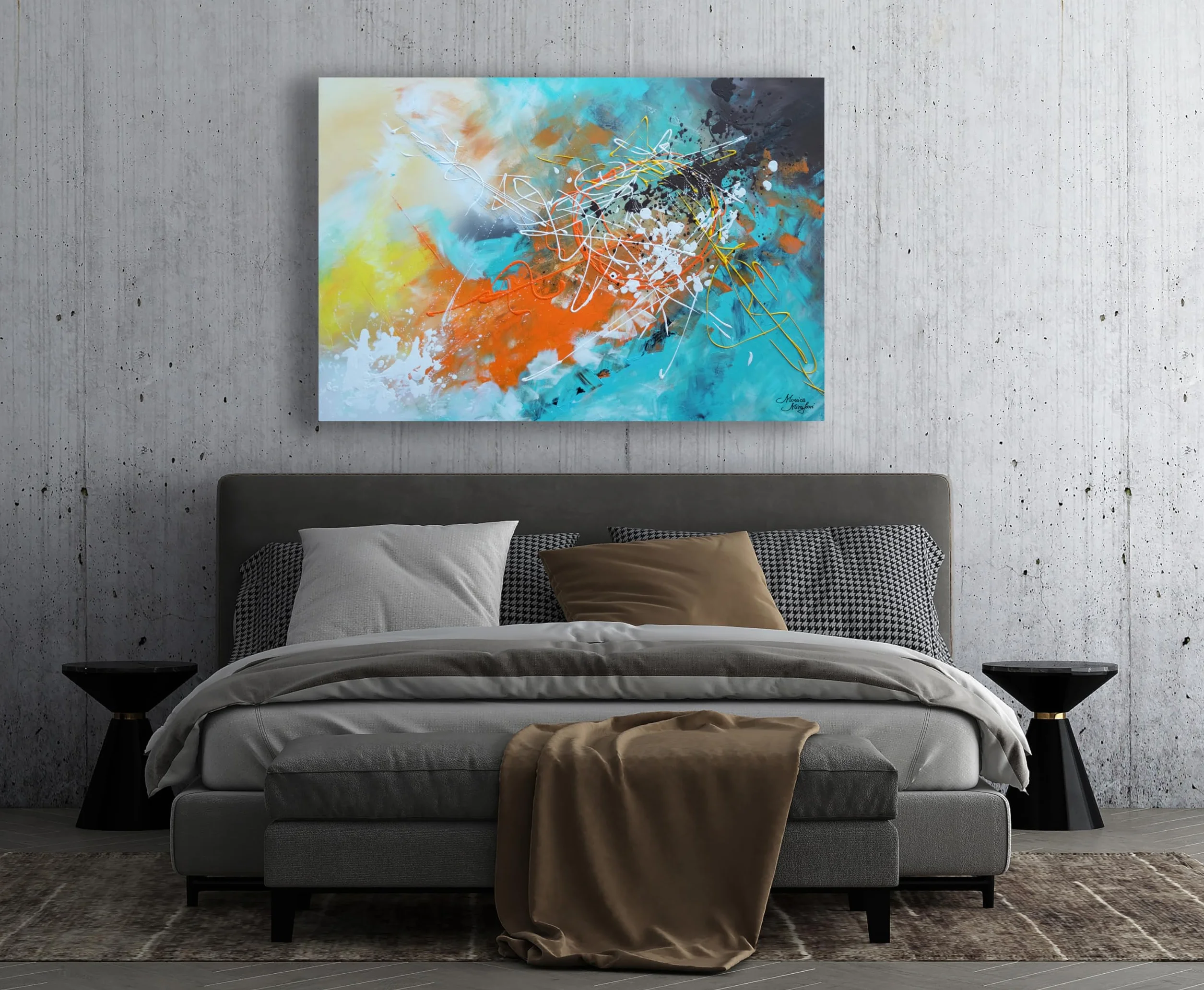 Tableau Peint à la Main 90x60 cm Toile sur Cadre en Bois